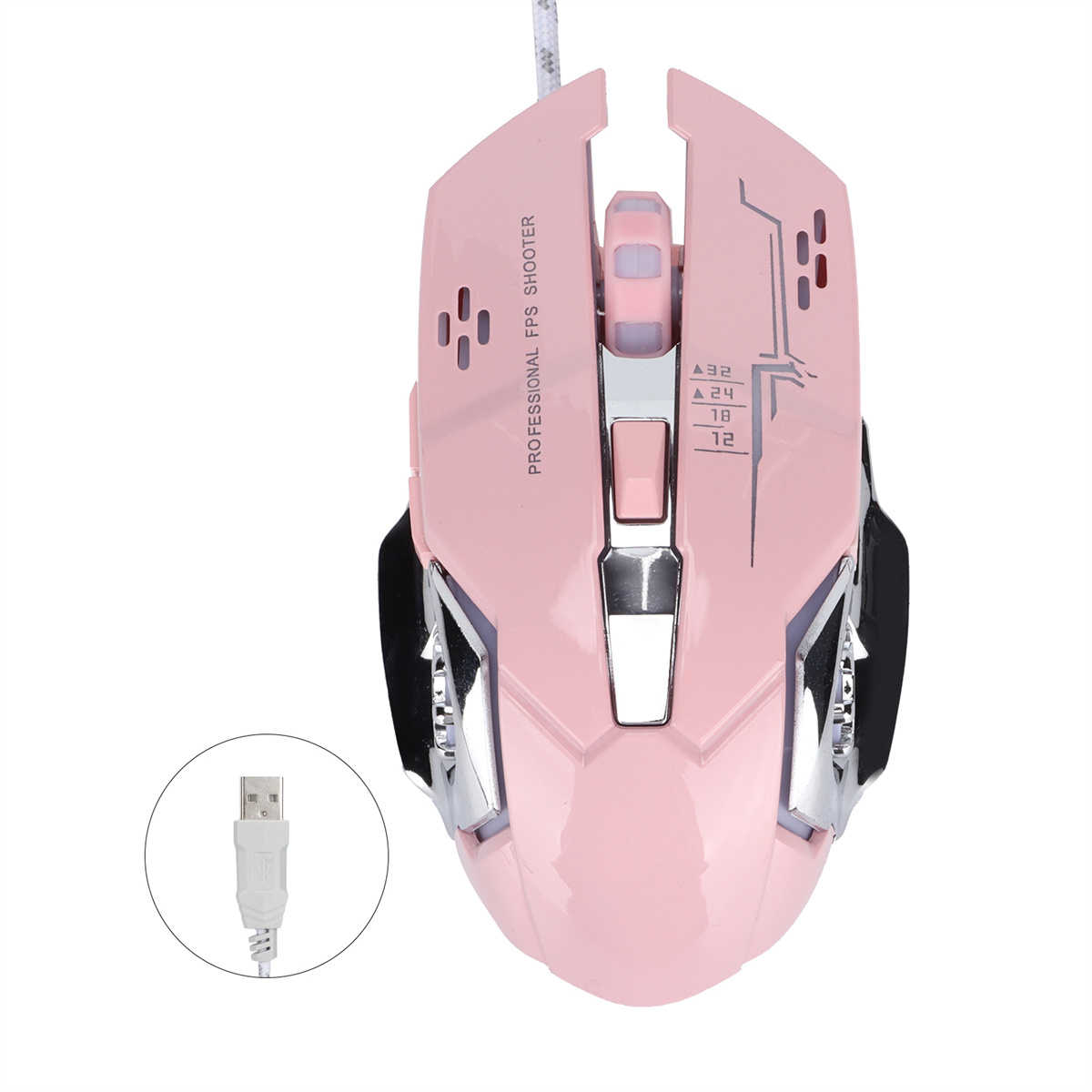 Rosa Gaming-Maus mit mehreren Tasten und USB-Kabel. Die Maus hat ein modernes, eckiges Design.