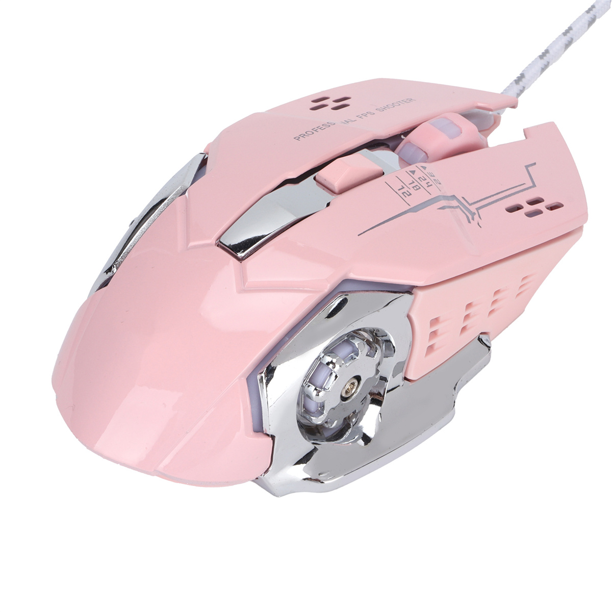 Eine rosa Gaming-Maus mit silbernen Akzenten und Kabel. Die Maus hat Knöpfe und ein Scrollrad.
