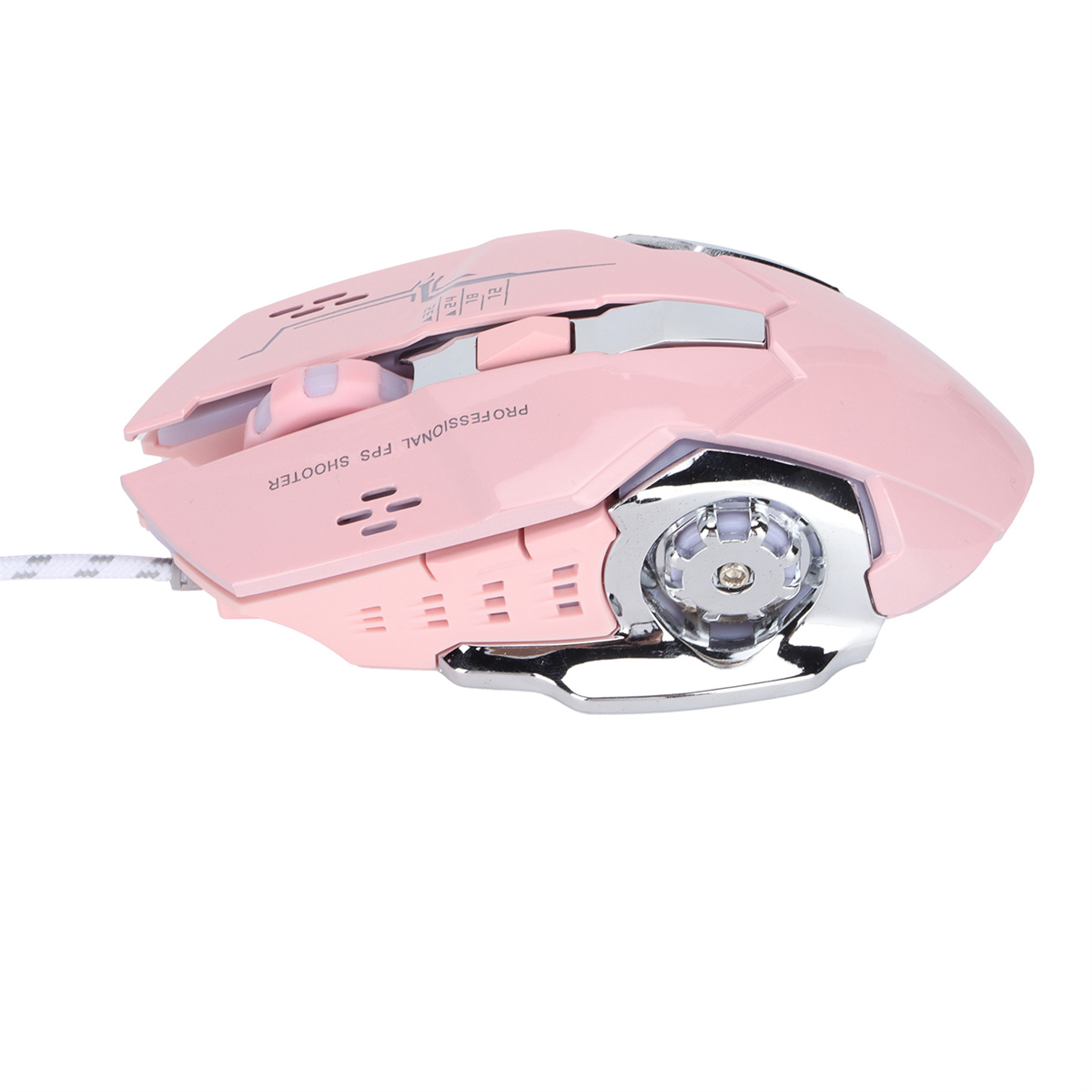 Eine rosa Gaming-Maus mit mehreren Tasten und einem Scrollrad, mit einem weißen Kabel. Text: 'FPS SHOOTER'.