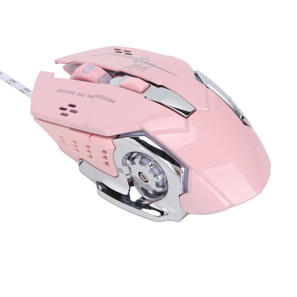 Rosa Gaming-Maus mit silbernen Akzenten, beschriftet: PROFESSIONAL FPS SHOOTER.