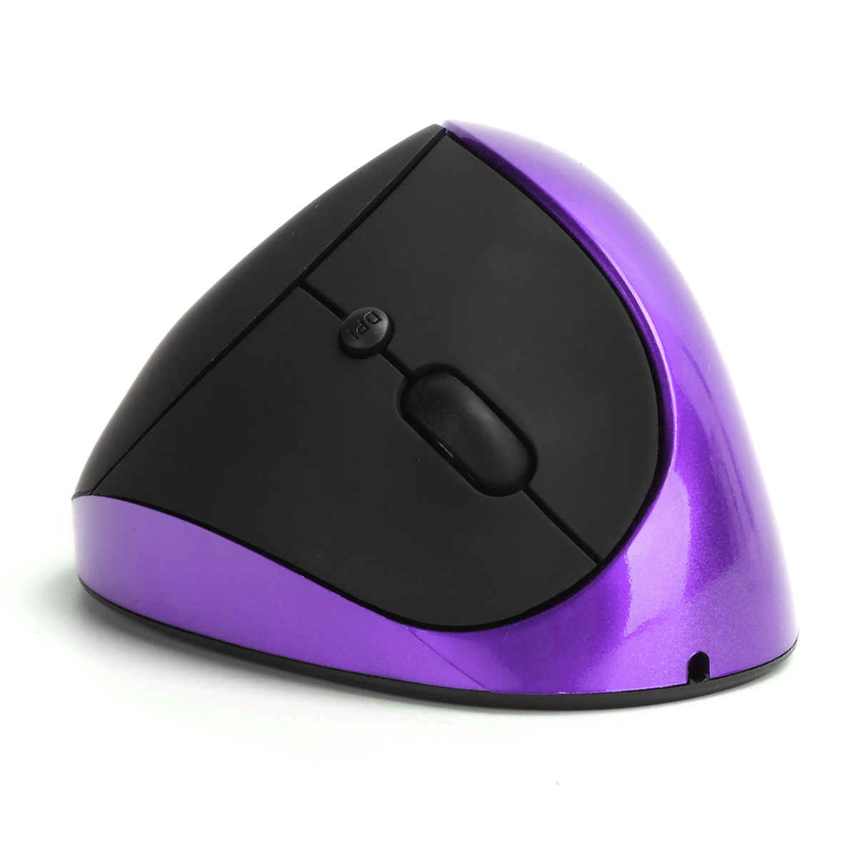 Lila ergonomische Maus mit vertikalem Design. Sie hat ein Scrollrad und Tasten.