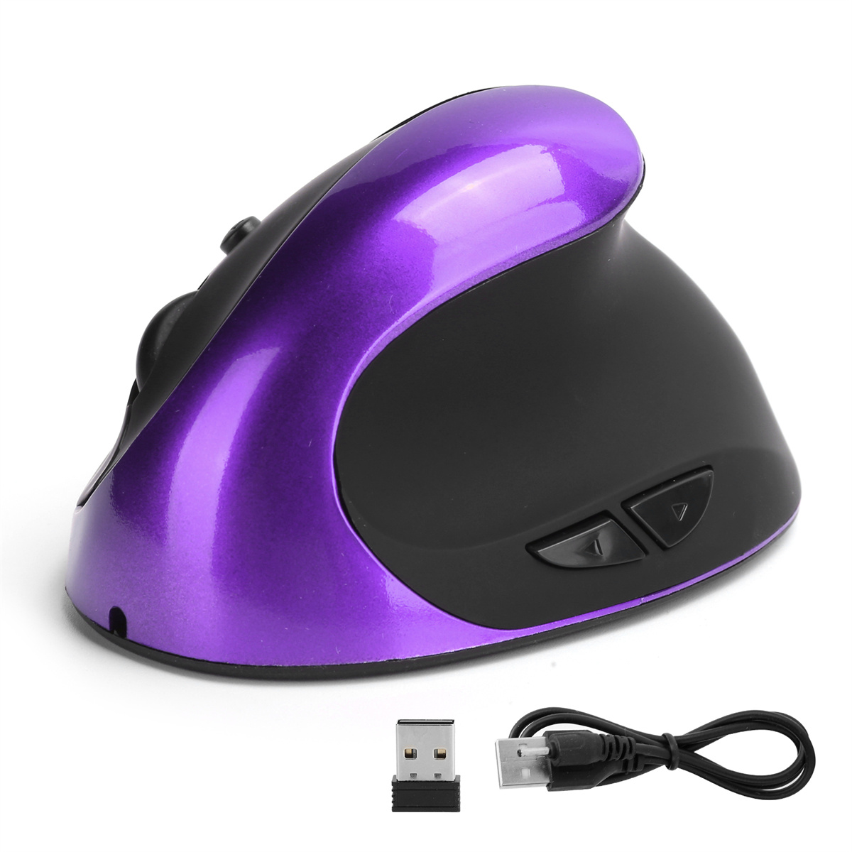 Ergonomische Maus in Lila und Schwarz. USB-Empfänger und Ladekabel sind sichtbar.