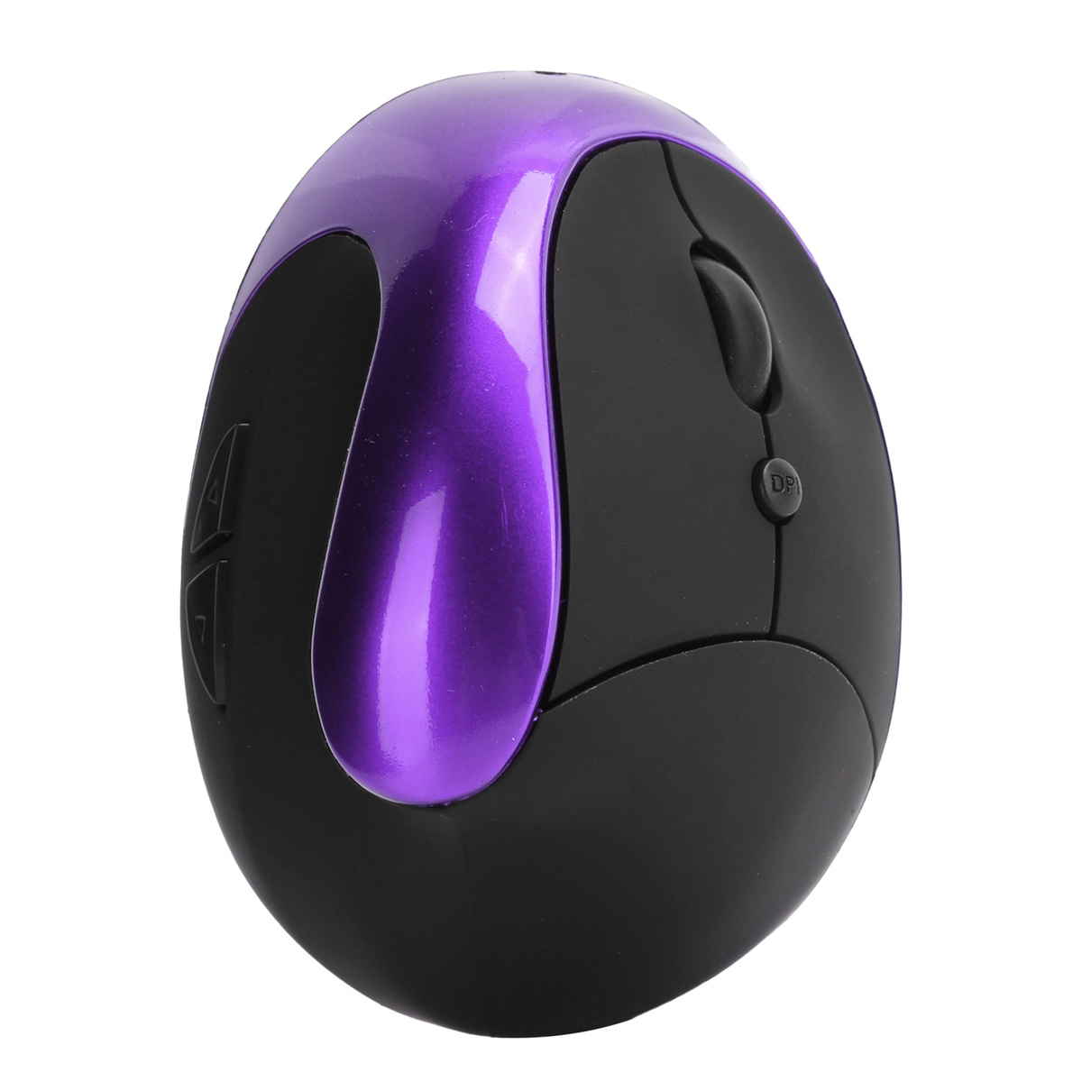 Lila-schwarze ergonomische Maus auf weißem Hintergrund.