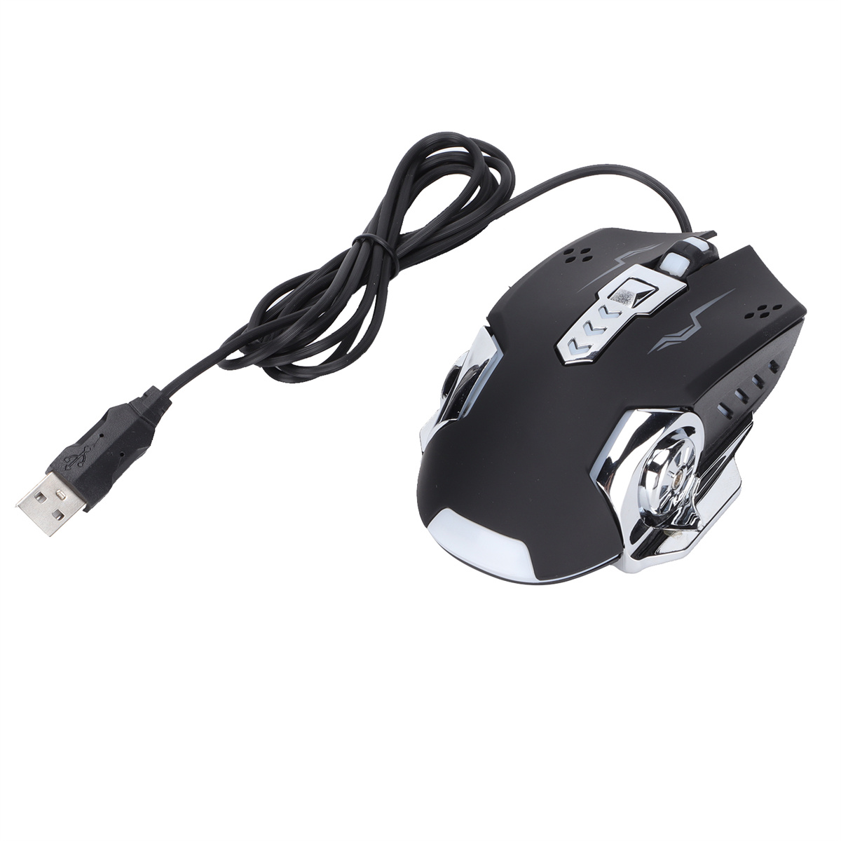 Schwarze Computermaus mit USB-Kabel. Sie hat silberne Akzente und ein Scrollrad.