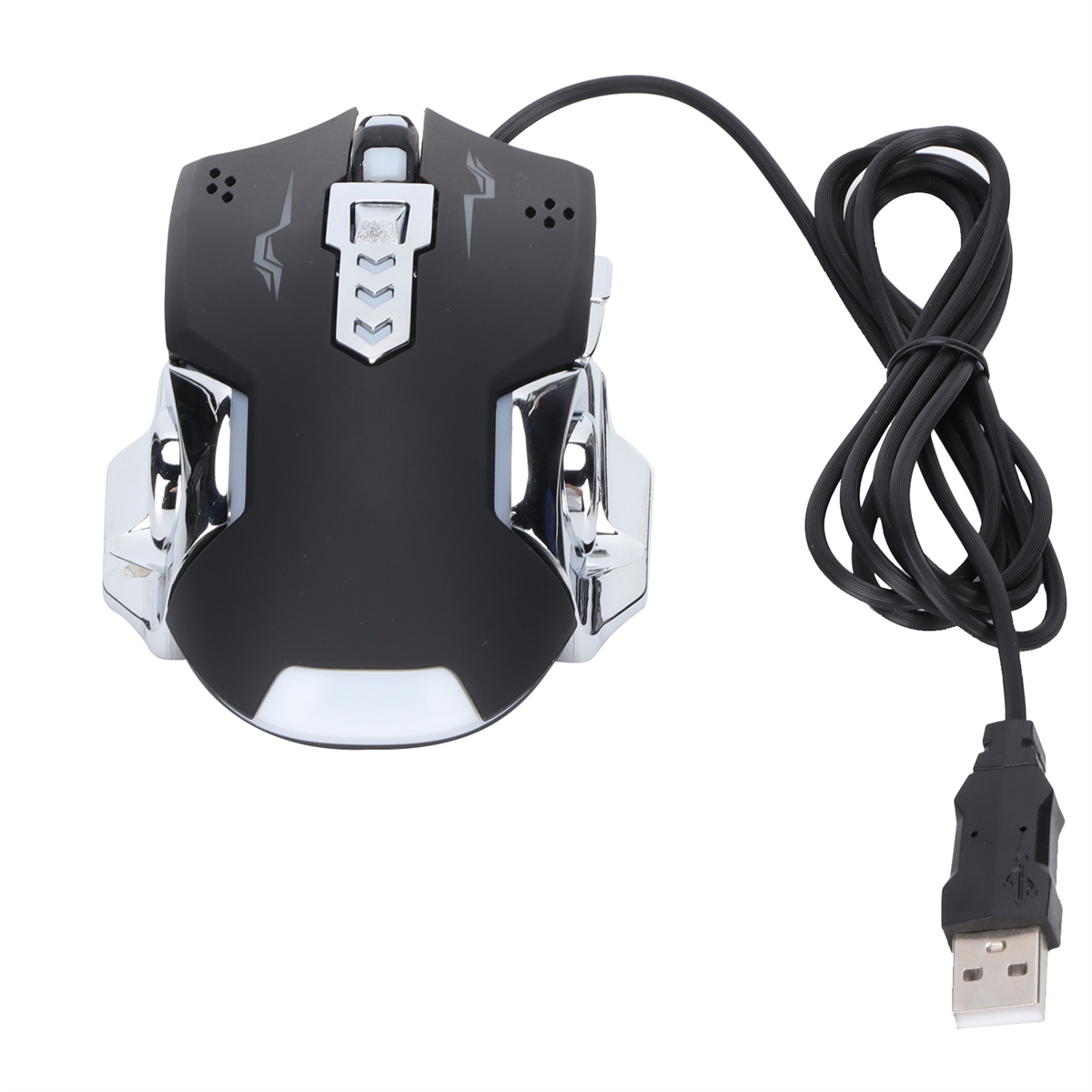 Schwarze Gaming-Maus mit silbernen Akzenten, drei Tasten und USB-Kabel.