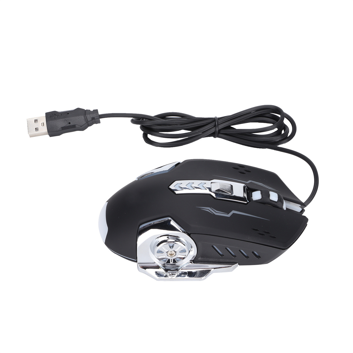 Eine schwarze Computermaus mit silbernen Akzenten, die an ein USB-Kabel angeschlossen ist.
