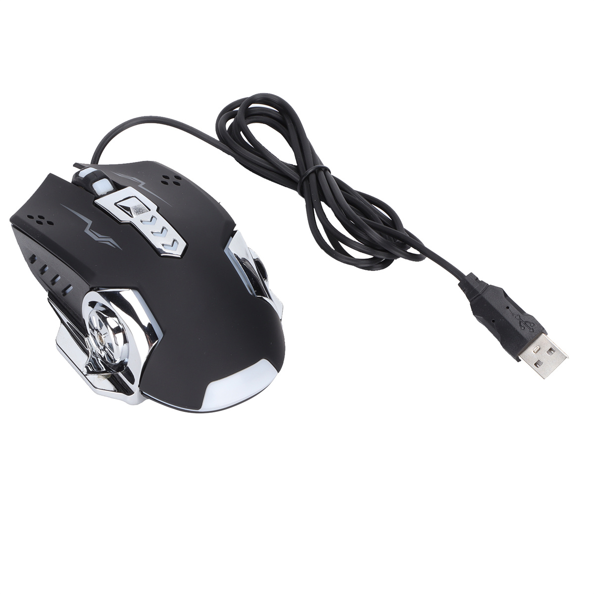 Schwarze Gaming-Maus mit silbernen Akzenten und einem USB-Kabel.