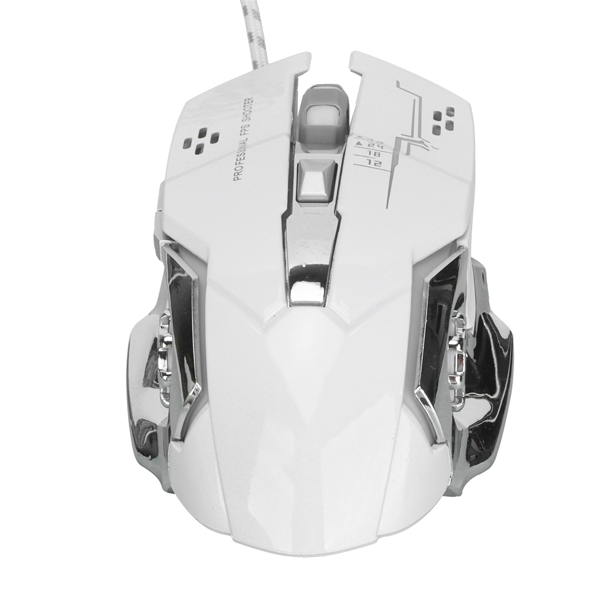 Weiße Gaming-Maus mit silbernen Akzenten, Draufsicht, freigestellt auf Weiß.