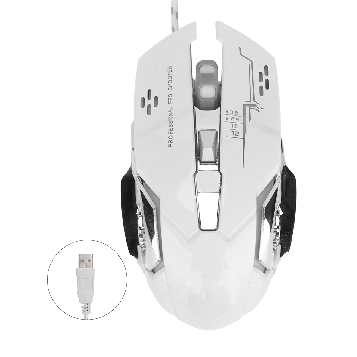 Weiße Gaming-Maus mit USB-Kabel. Sie hat Knöpfe und Lichter.