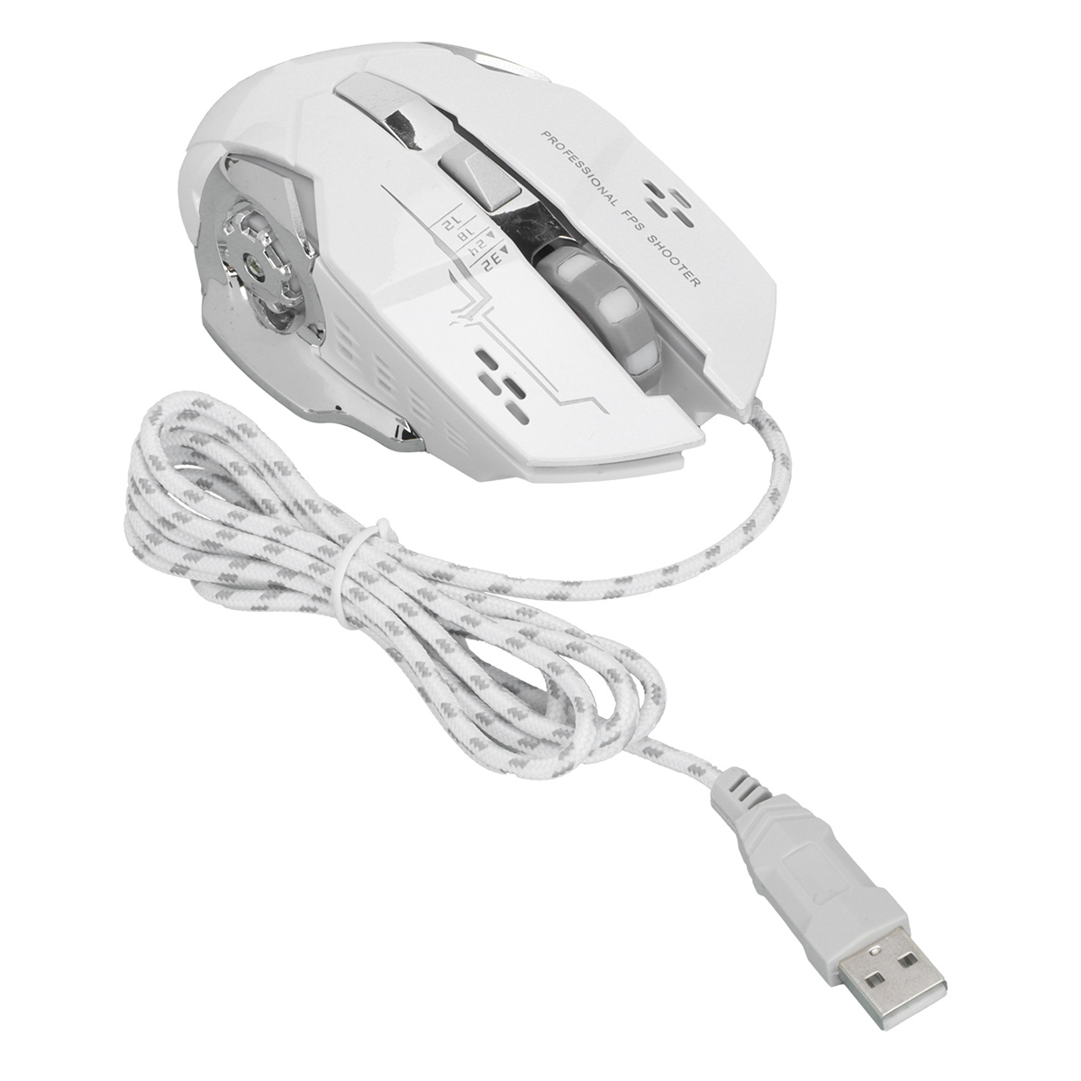 Weiße Gaming-Maus mit geflochtenem Kabel und USB-Anschluss. Design mit silbernen Akzenten.