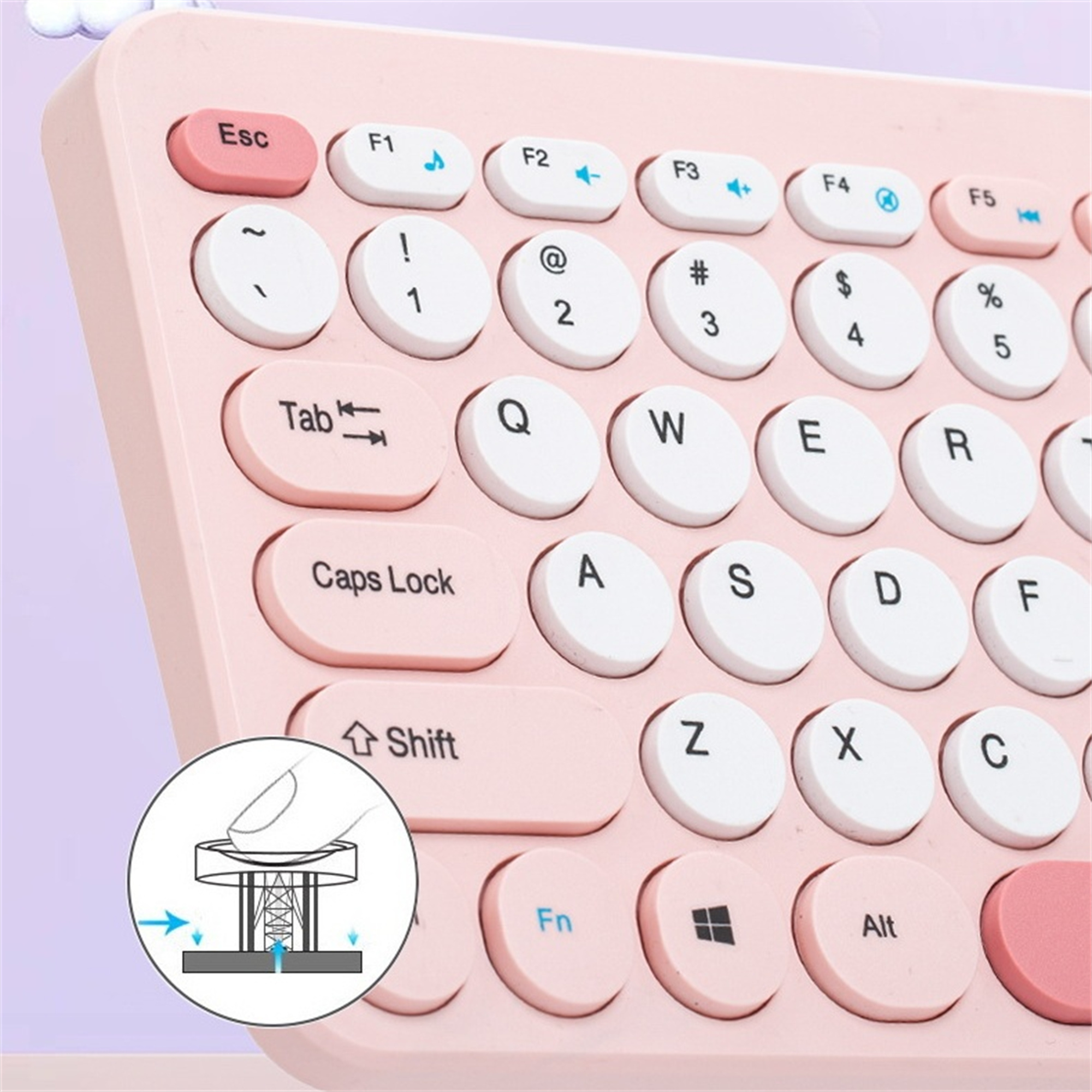Rosa, kompakte Tastatur mit weißen, runden Tasten. Ein Diagramm zeigt einen Tastenmechanismus.