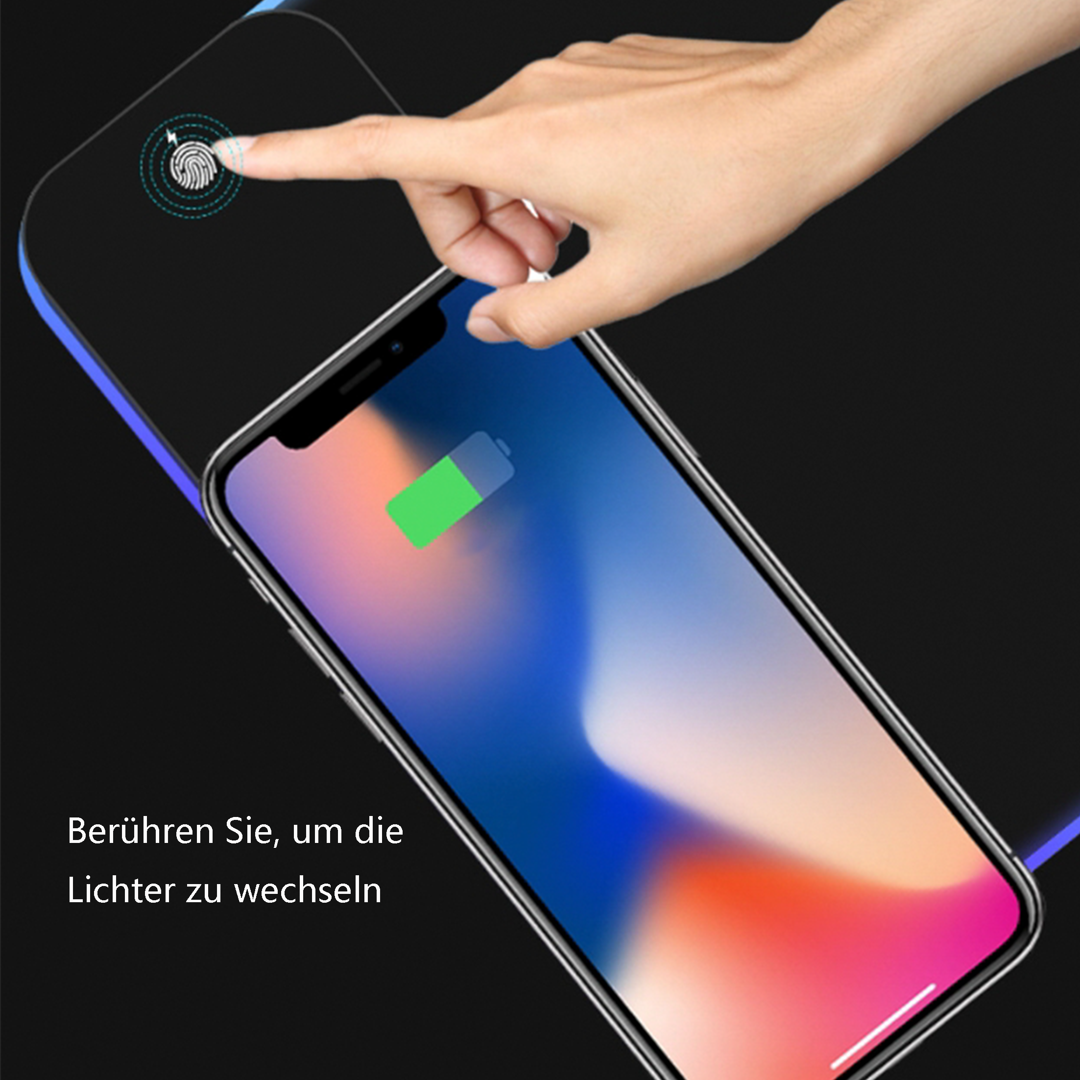 Hand berührt Smartphone, Finger auf dem Bildschirm mit Fingerabdrucksymbol. Akkusymbol zeigt Ladestand.