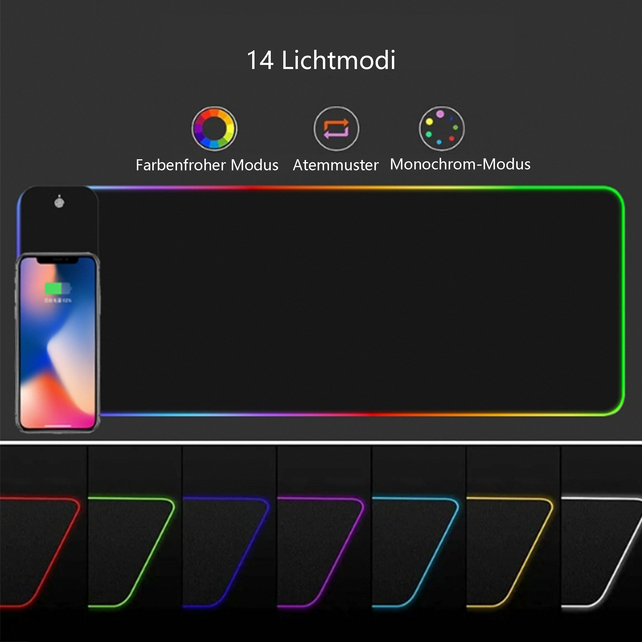 Ein schwarzes Mousepad mit einem Telefon und verschiedenen Lichtmodi. Der Hintergrund ist schwarz.