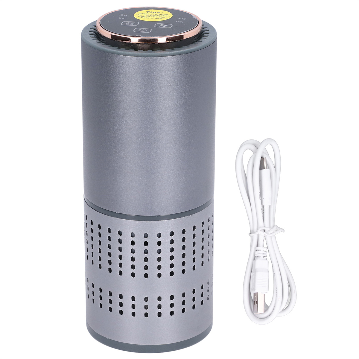Zylinderförmiger Luftreiniger in Grau und Gold mit USB-Kabel. Er hat einen perforierten unteren Bereich.