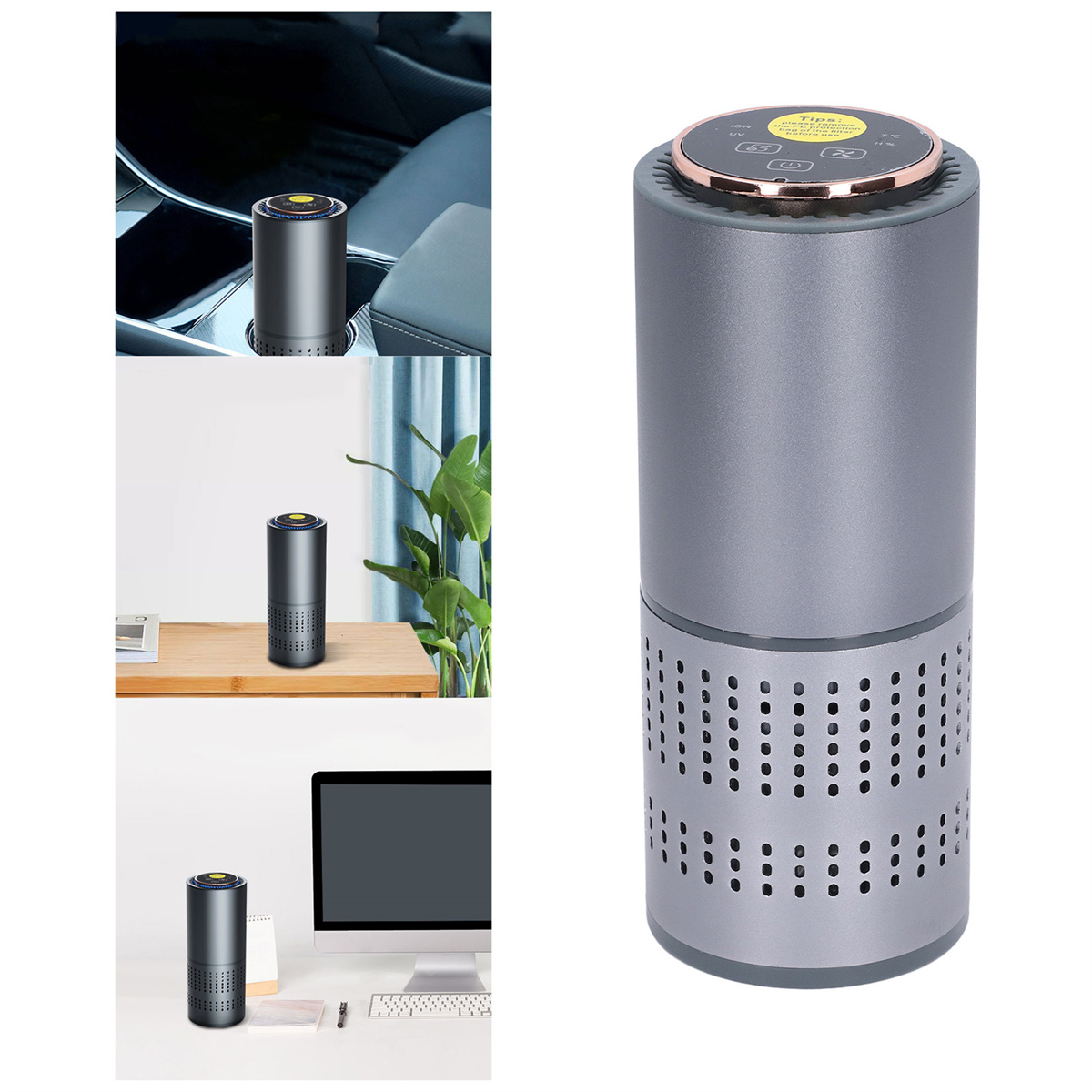 Ein Luftreiniger in verschiedenen Umgebungen: Auto-Getränkehalter, Schreibtisch und auf einem Tisch, graues Design.