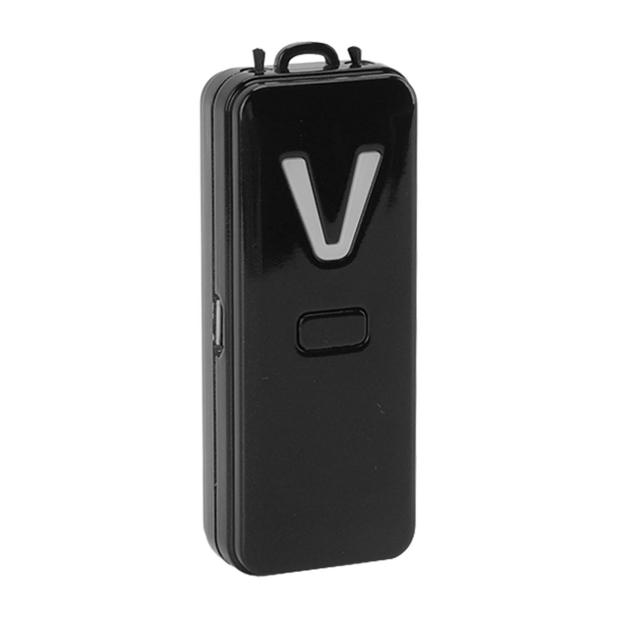 Ein schwarzes, rechteckiges Gerät mit silbernem 'V'-Logo, Knopf und Schlaufe. Ein kleines, schlankes Gadget.