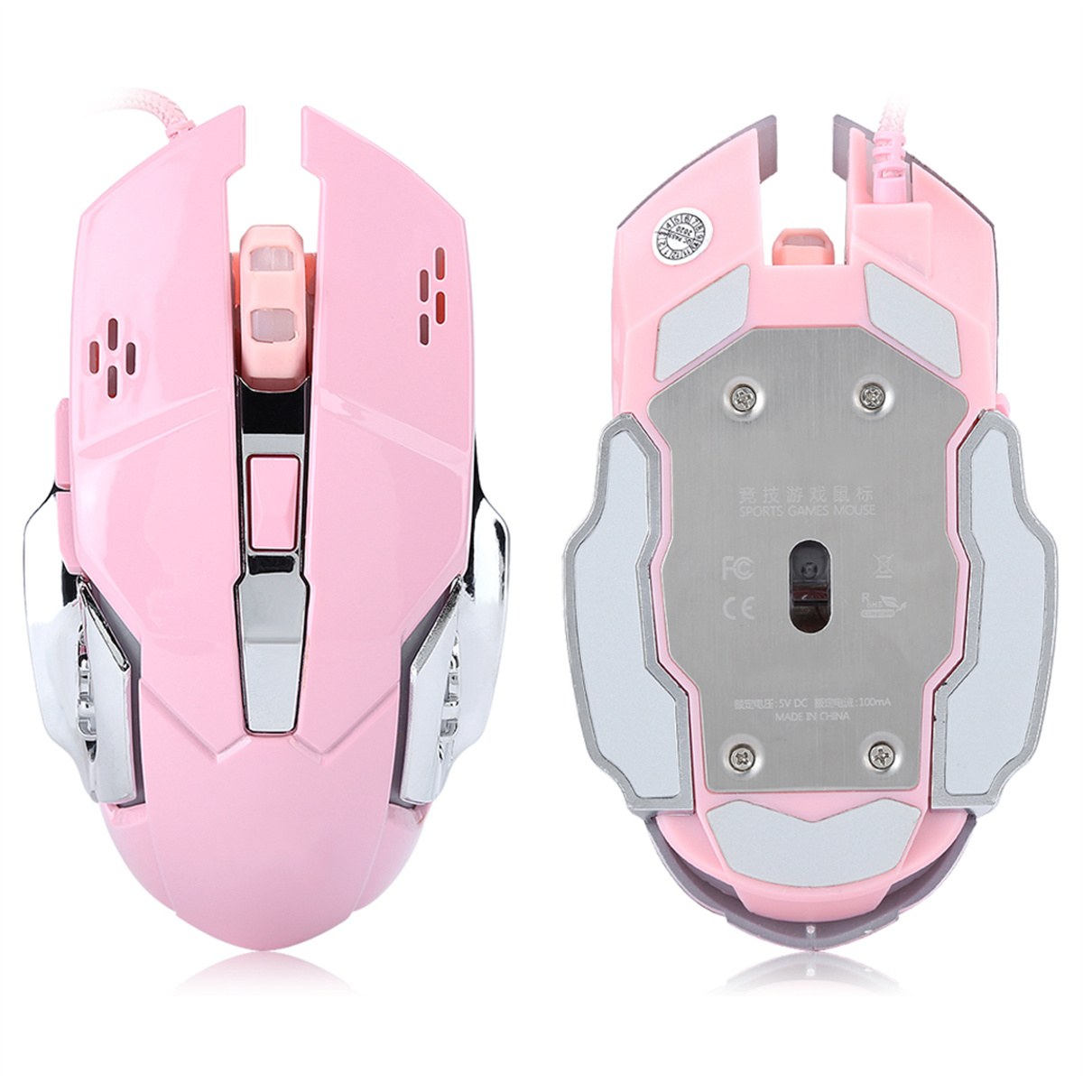 Eine rosa Gaming-Maus, bei der sowohl die Ober- als auch die Unteransicht das Mausdesign im Detail zeigen.