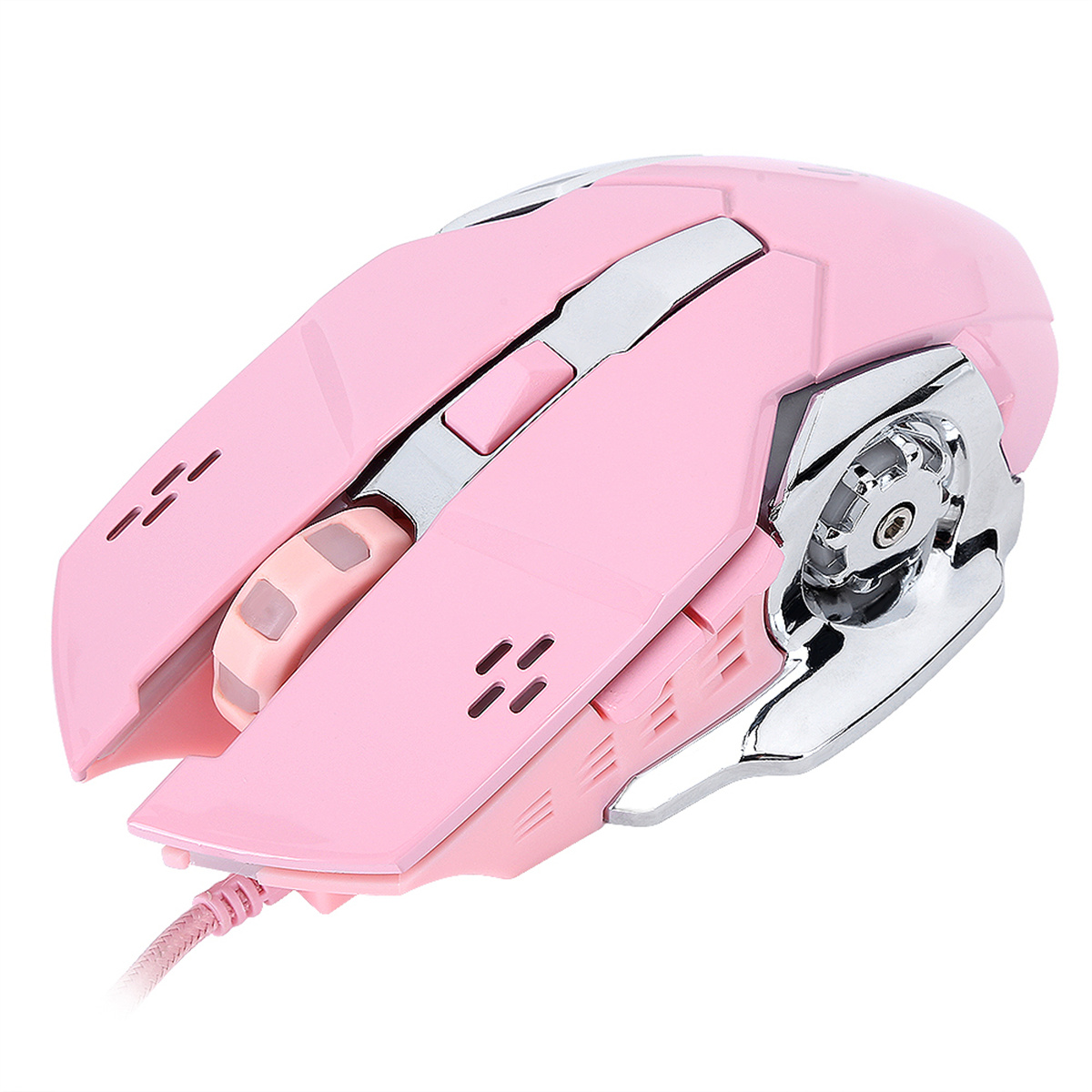 Pinke Gaming-Maus mit silbernen Akzenten und pinkfarbenem Kabel.