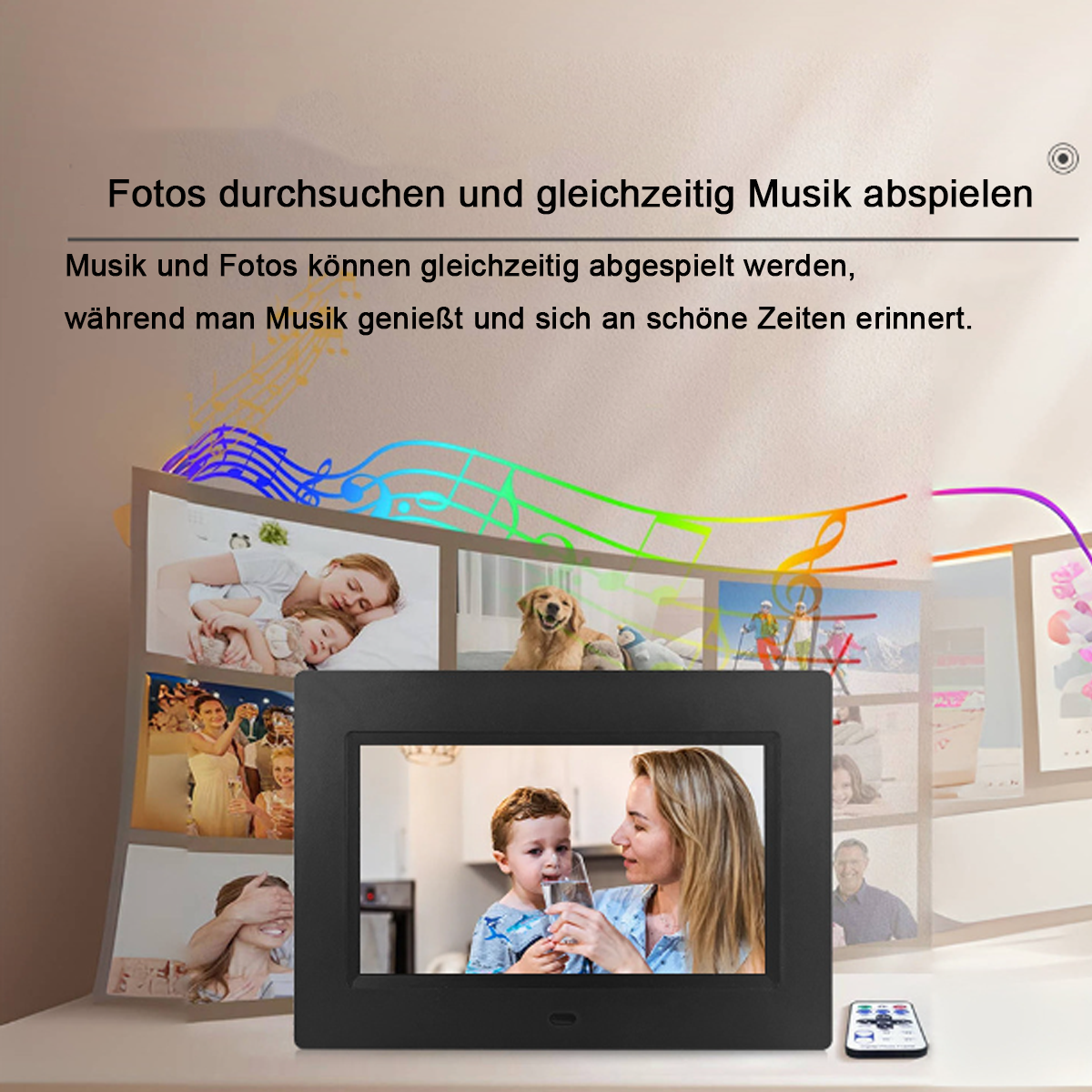 Digitaler Bilderrahmen mit Fotos und Fernbedienung. Text: Fotos durchsuchen und Musik abspielen.