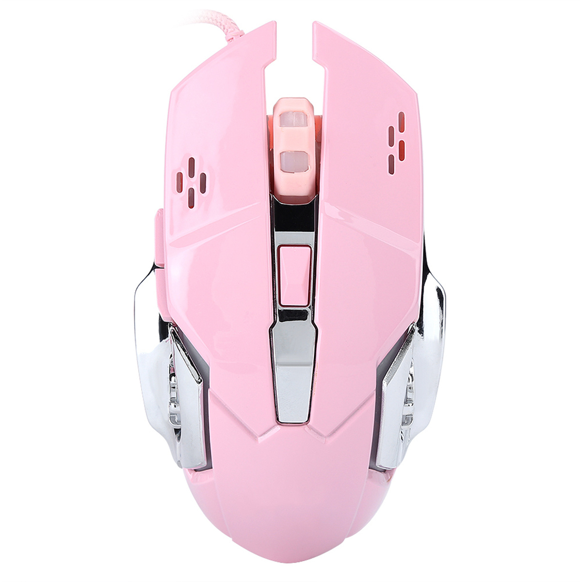 Pinke Gaming-Maus mit pinkem und Chrom-Design. Die Maus hat ein rot-schwarzes Kabel.