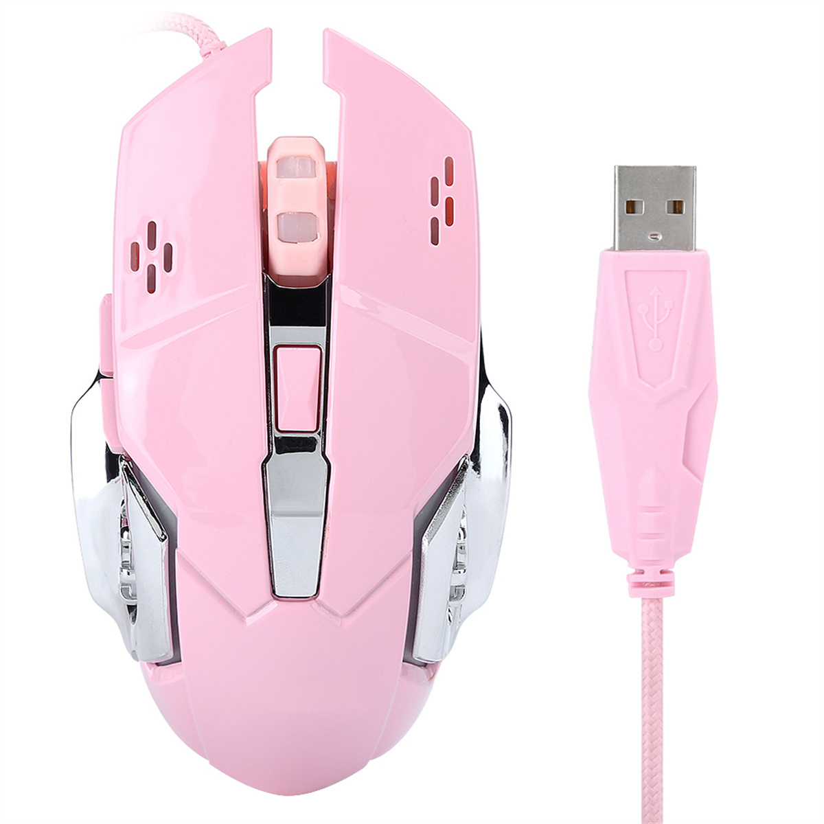 Pinkfarbene Gaming-Maus mit Tasten und einem USB-Kabel.