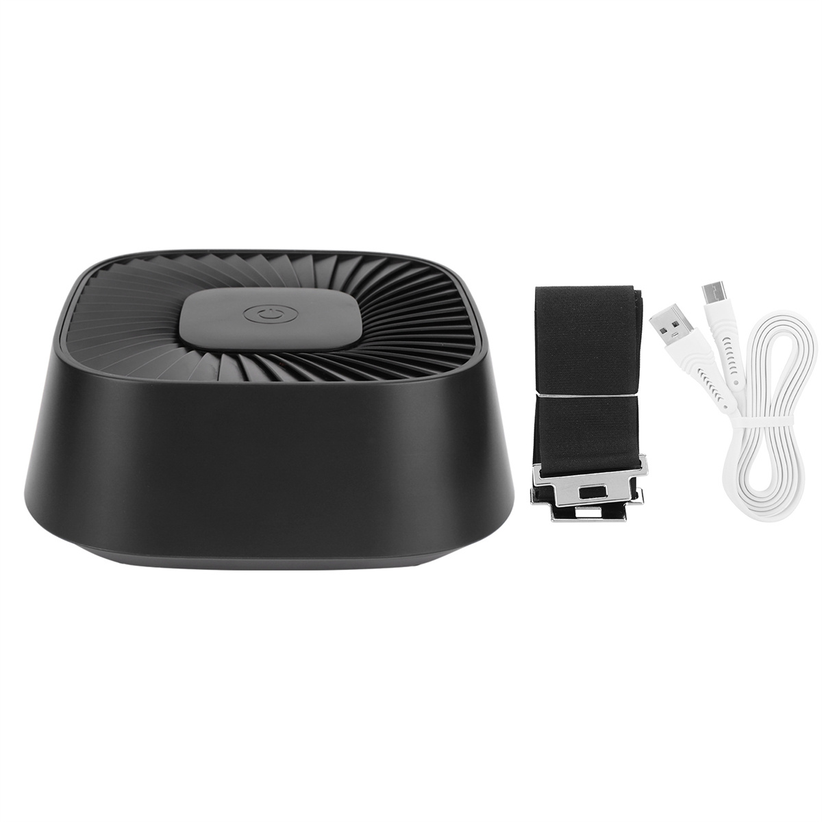 Ein schwarzer Luftreiniger mit fächerartiger Oberseite, einem Riemen und einem USB-Kabel, alles auf weißem Hintergrund.