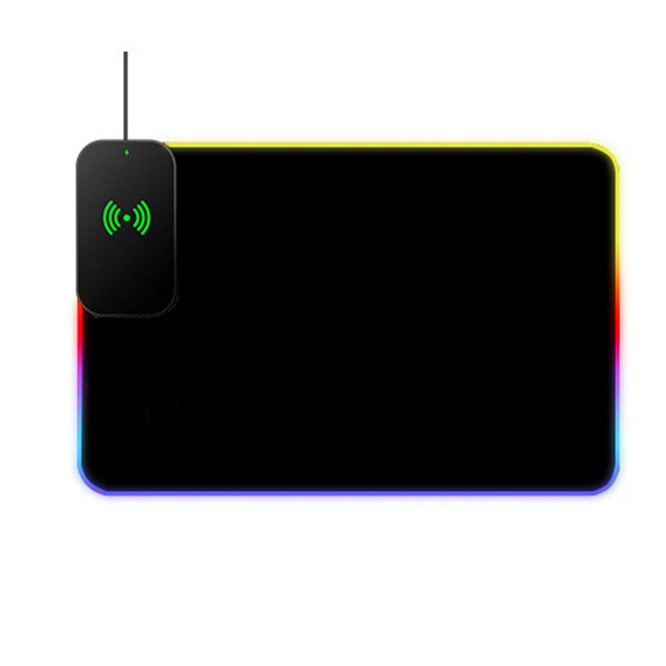 Ein schwarzes Gaming-Mauspad mit kabellosem Ladepad. Es hat farbige LED-Kanten.