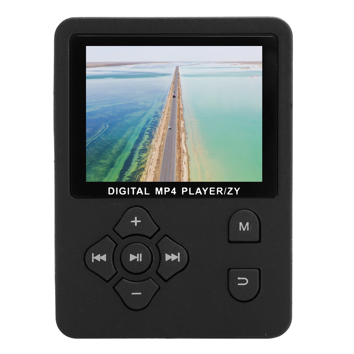Schwarzer MP4-Player mit Knöpfen und einem Bildschirm, der eine Straße über Wasser zeigt.