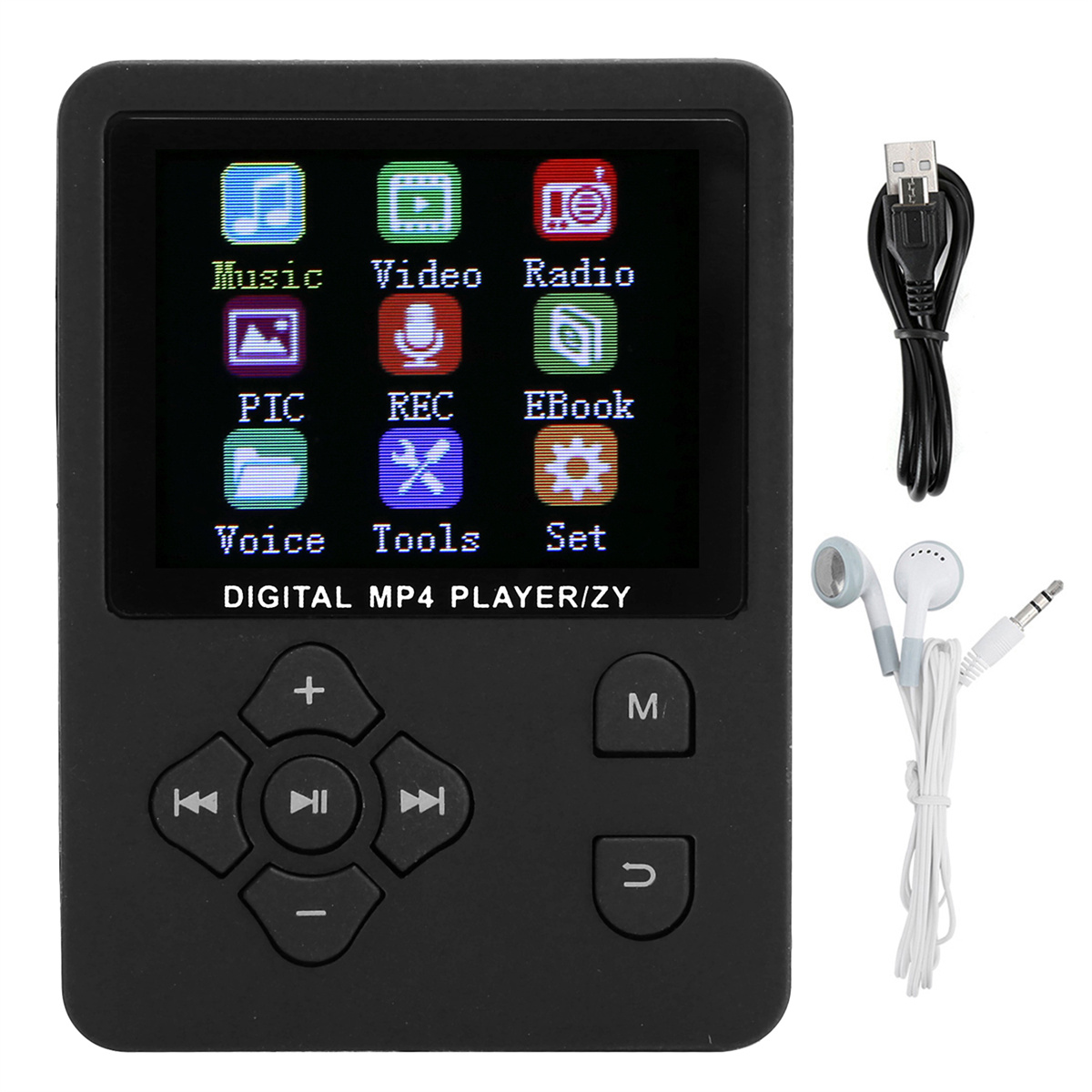 Schwarzer MP4-Player mit Bildschirm, Knöpfen und Zubehör. Enthält Kabel und Kopfhörer.