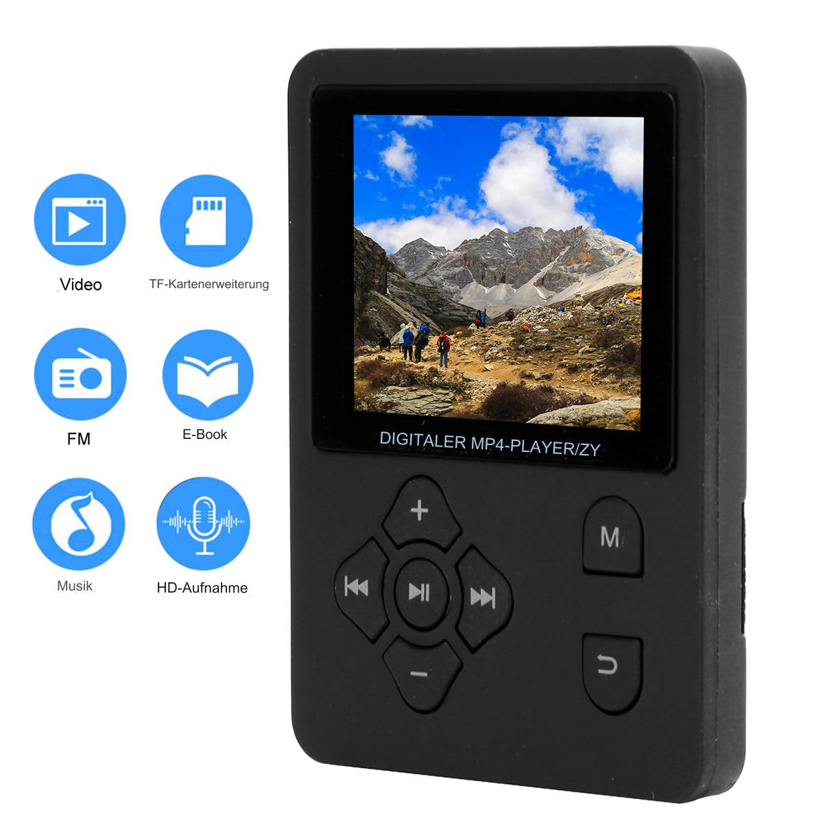 Ein schwarzer MP4-Player mit Bildschirm, der ein Bild und Symbole anzeigt. Weißer Hintergrund.
