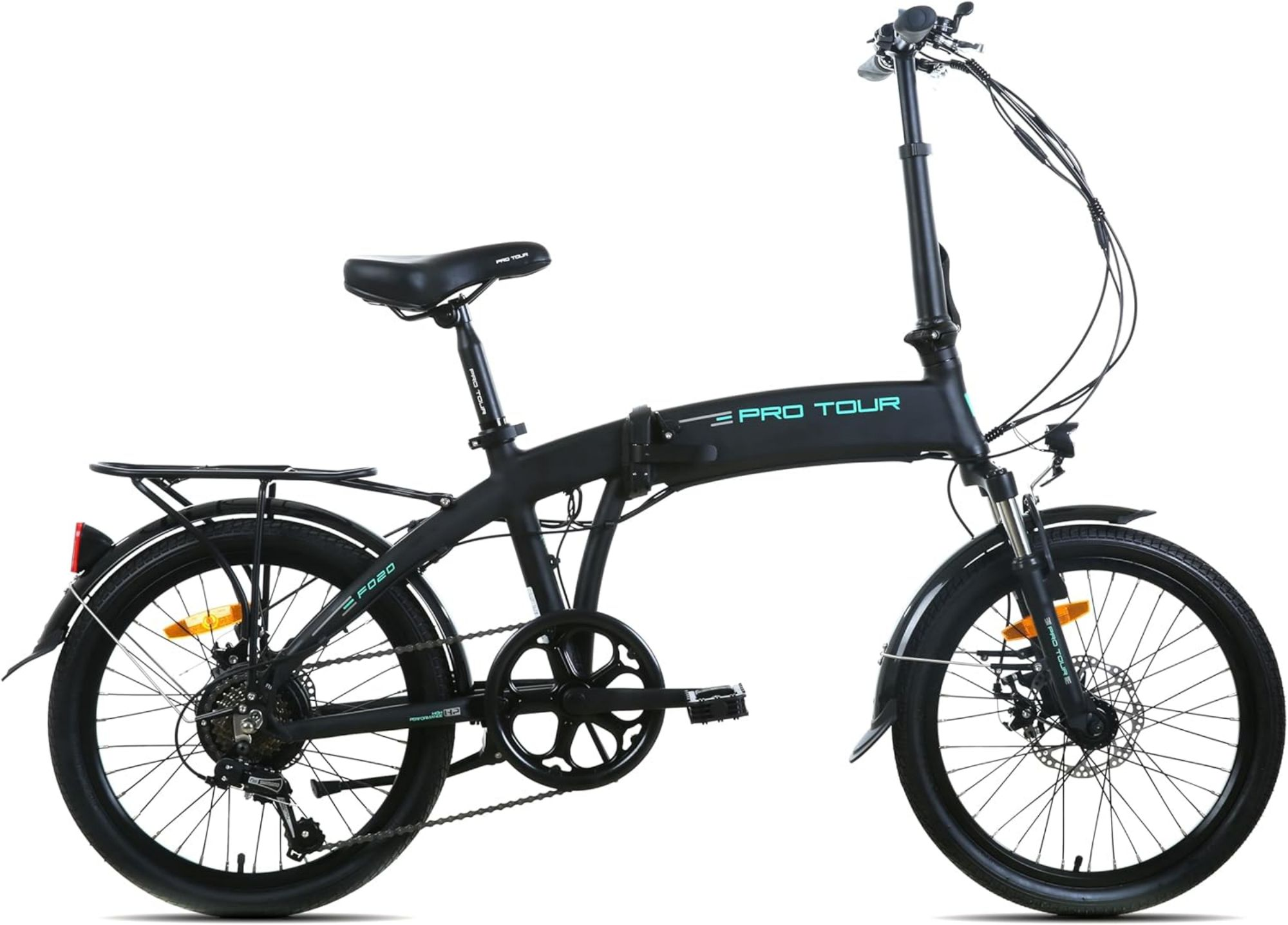 Bicicletta pieghevole nera. Telaio, ruote e componenti neri.