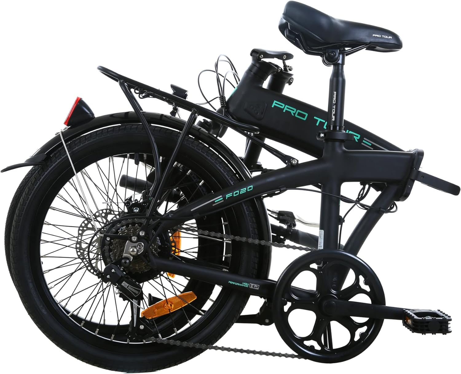 Bicicletta nera pieghevole Pro Tour F020, che mostra i dettagli del telaio e delle ruote.