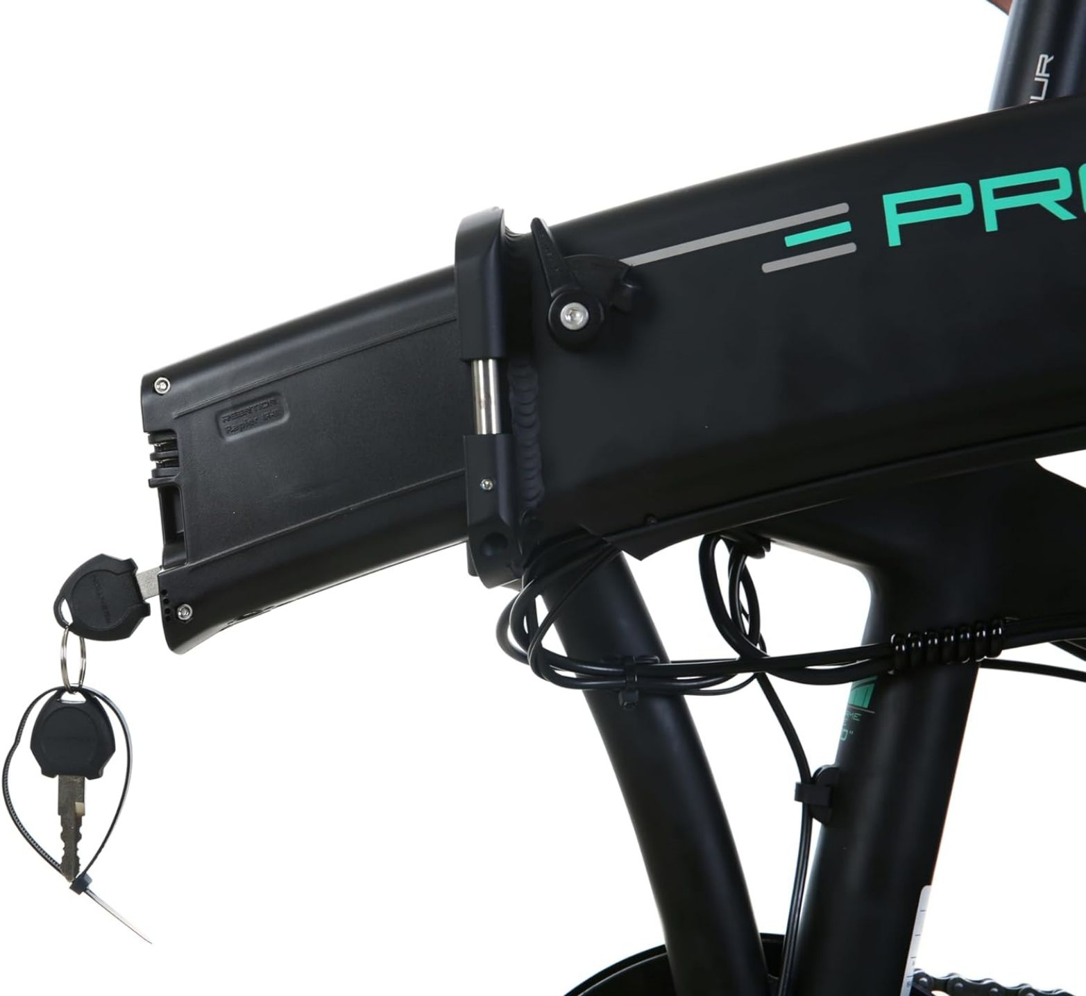 Telaio di bici elettrica nera con batteria e chiave. Dettagli neri e verdi.