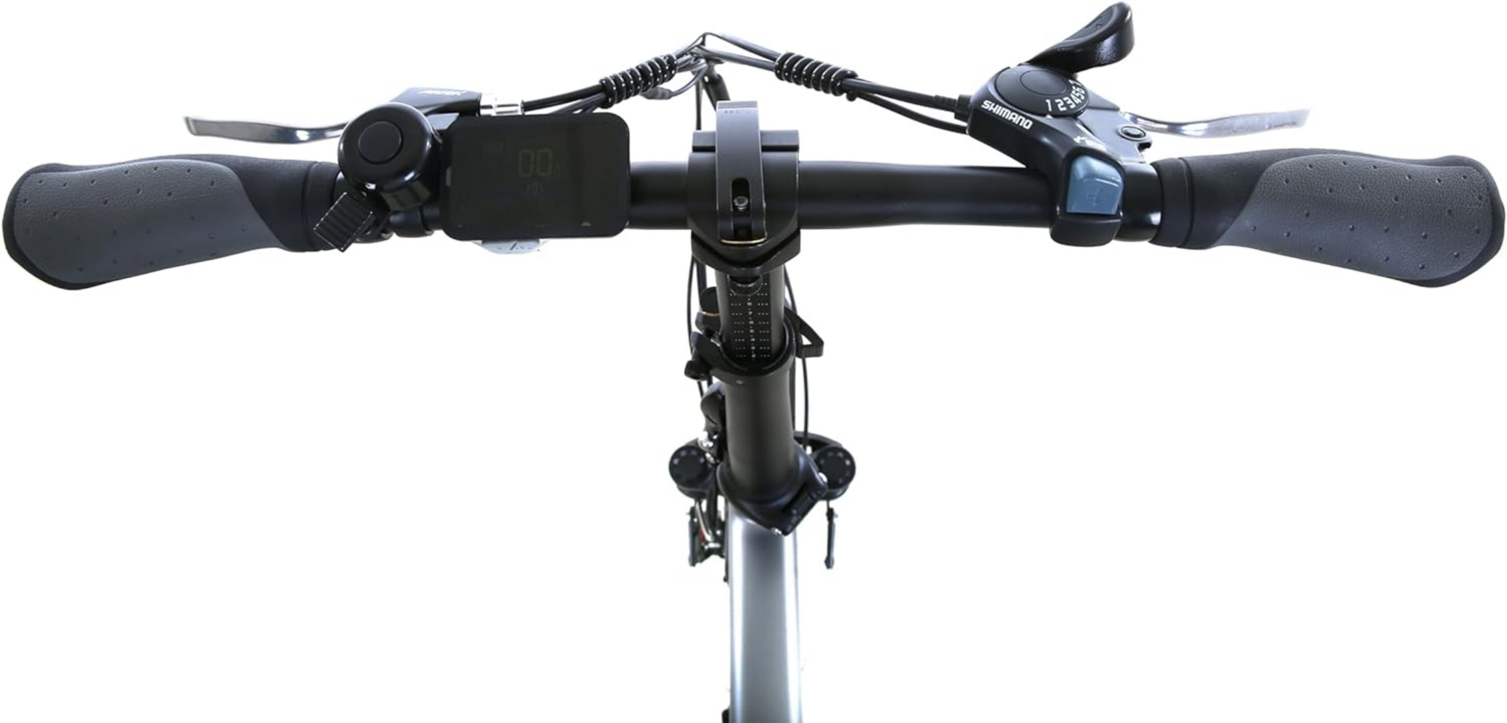 Manubrio di bicicletta con display digitale e comandi Shimano.