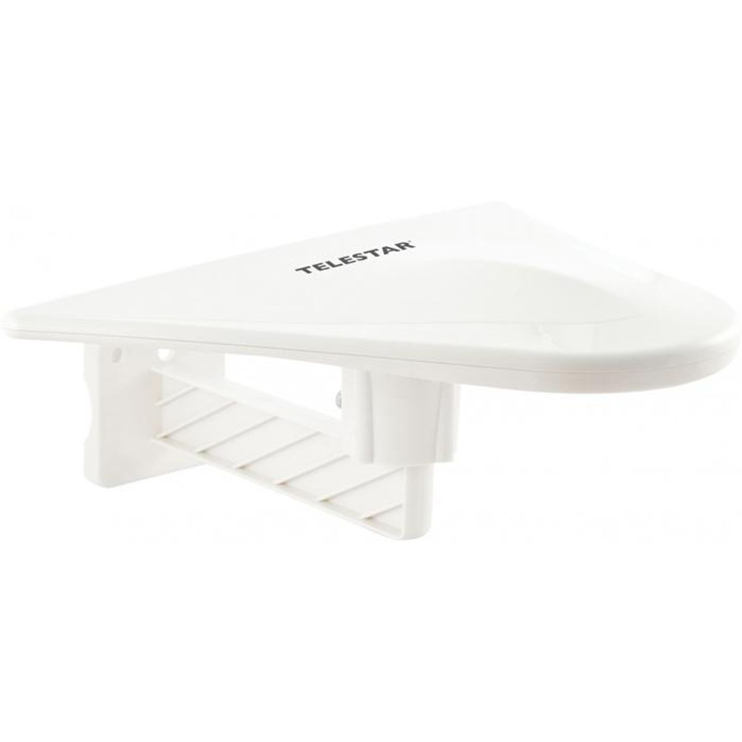 Biała, trójkątna antena z napisem 'TELSTAR'. Jest zamontowana na białym wsporniku.