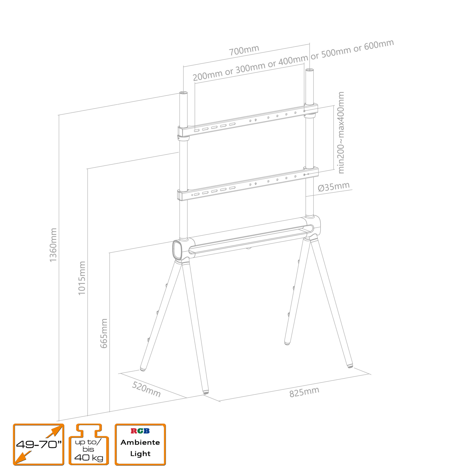 Diagramm eines TV-Ständers mit Abmessungen. Der Ständer ist schwarz mit grauem Sockel. Die Maße sind in Millimetern angegeben.