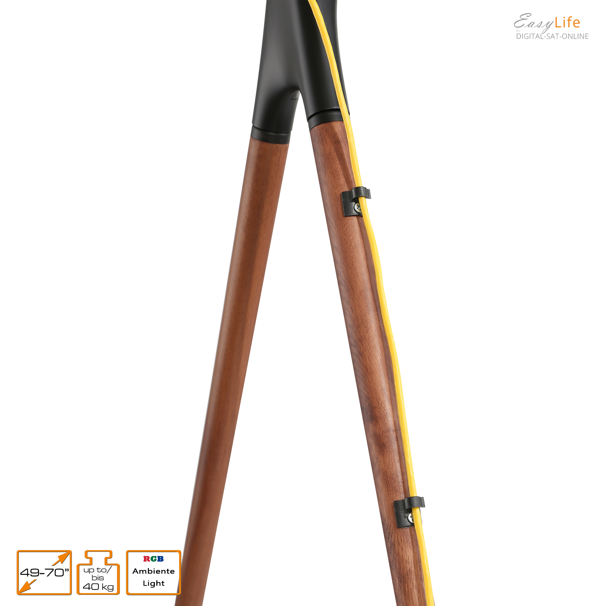 Holz- und Metallbeine einer Lampe. Ein gelbes Kabel ist sichtbar. Textetiketten sind vorhanden.