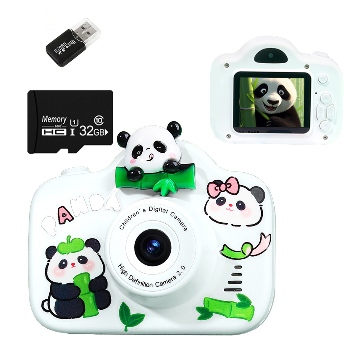 Biały aparat cyfrowy dla dzieci z motywem pandy z akcesoriami.