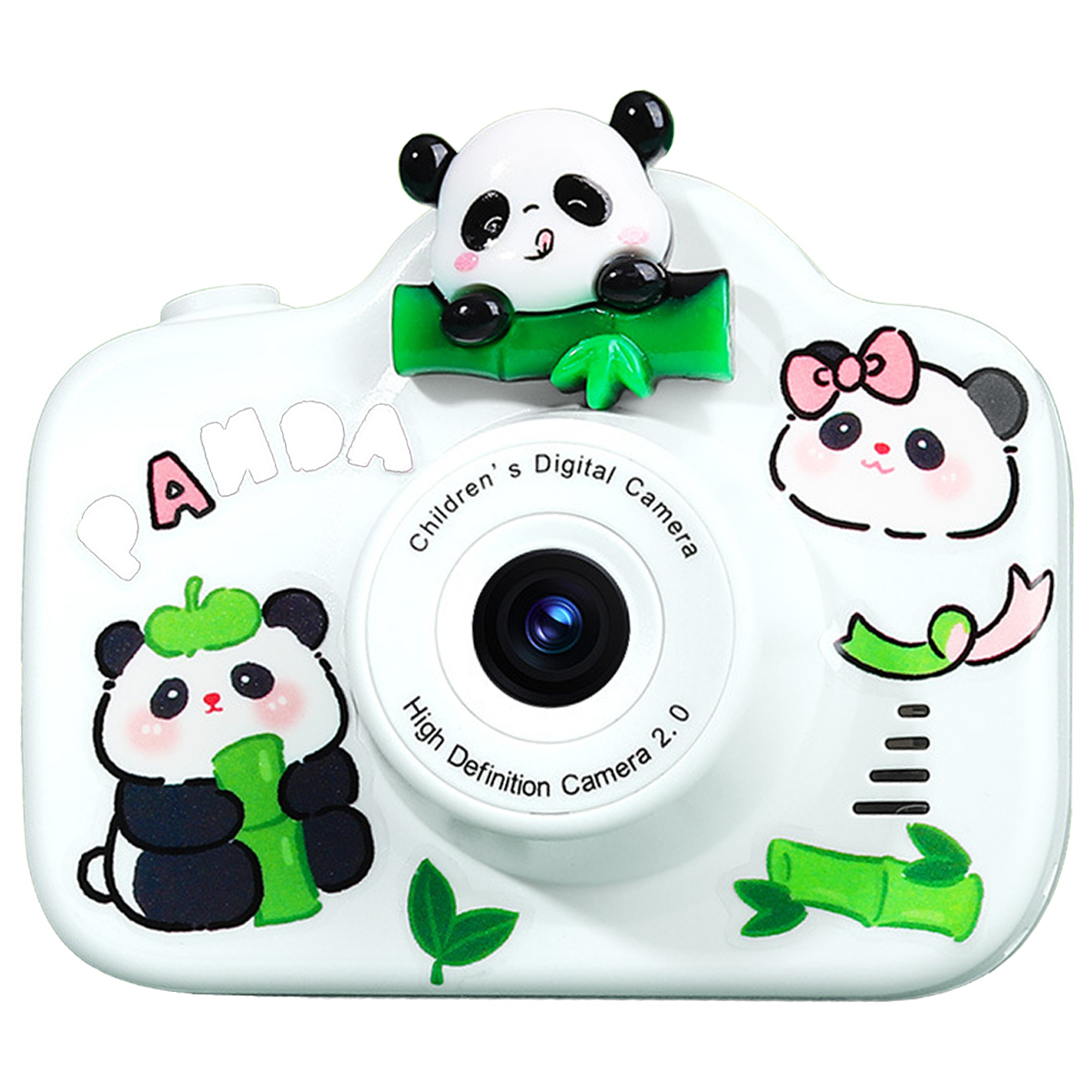 Biały aparat dla dzieci z motywem pandy z dekoracjami z pandy z kreskówek.
