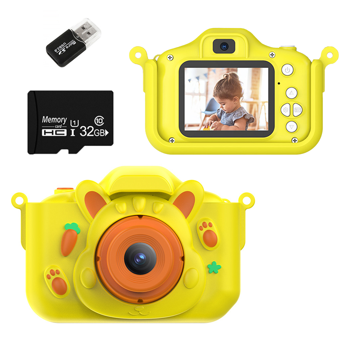 Żółty aparat zabawka z akcesoriami. Zawiera kartę SD i adapter USB.