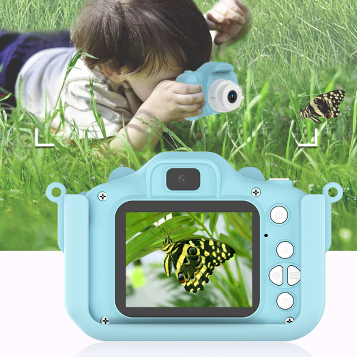 Dziecko używa niebieskiego aparatu do fotografowania motyla. Drugi motyl w tle.