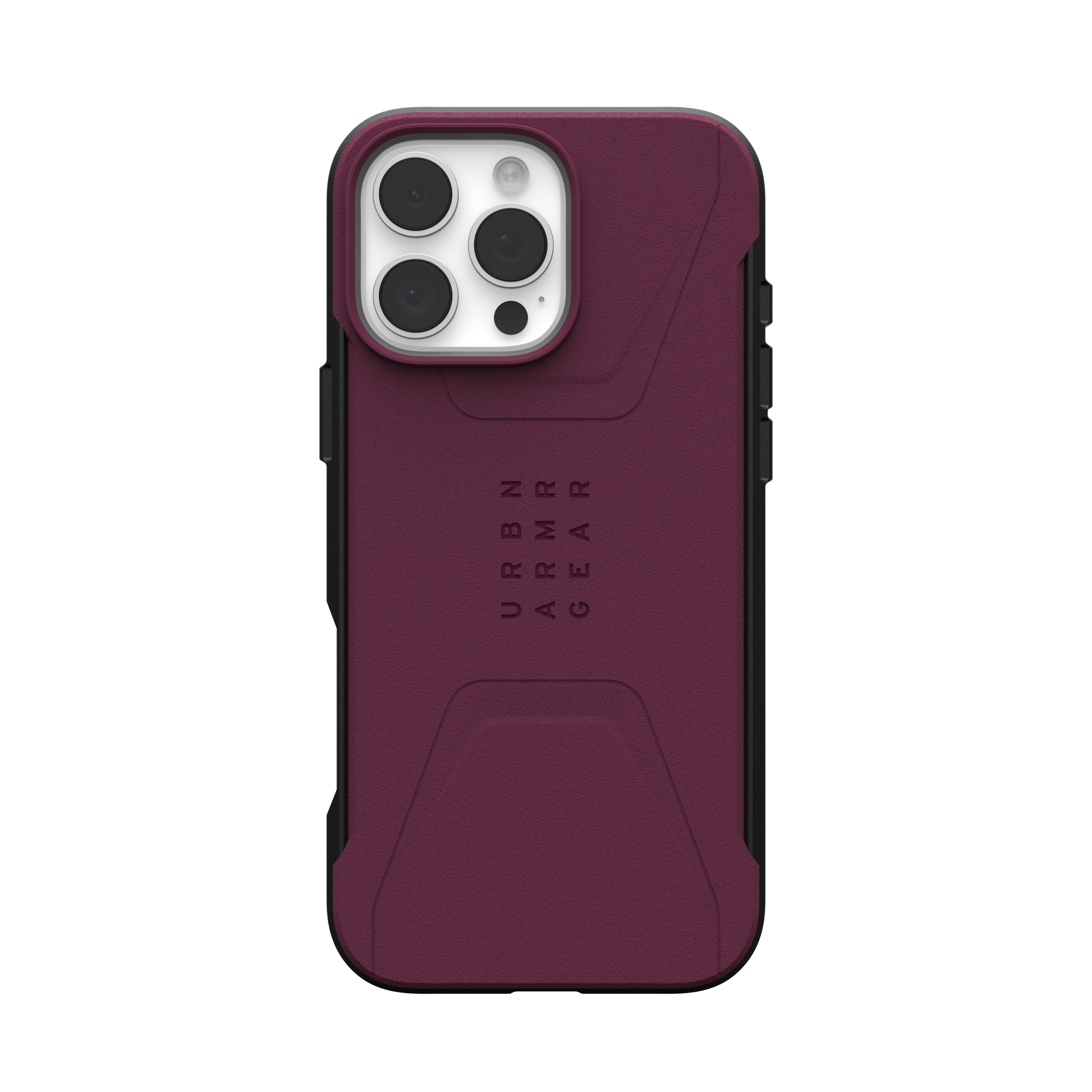 Bordeaux telefoonhoesje met drie cameralenzen en URBN ARMOR GEAR tekst, zwarte achtergrond.