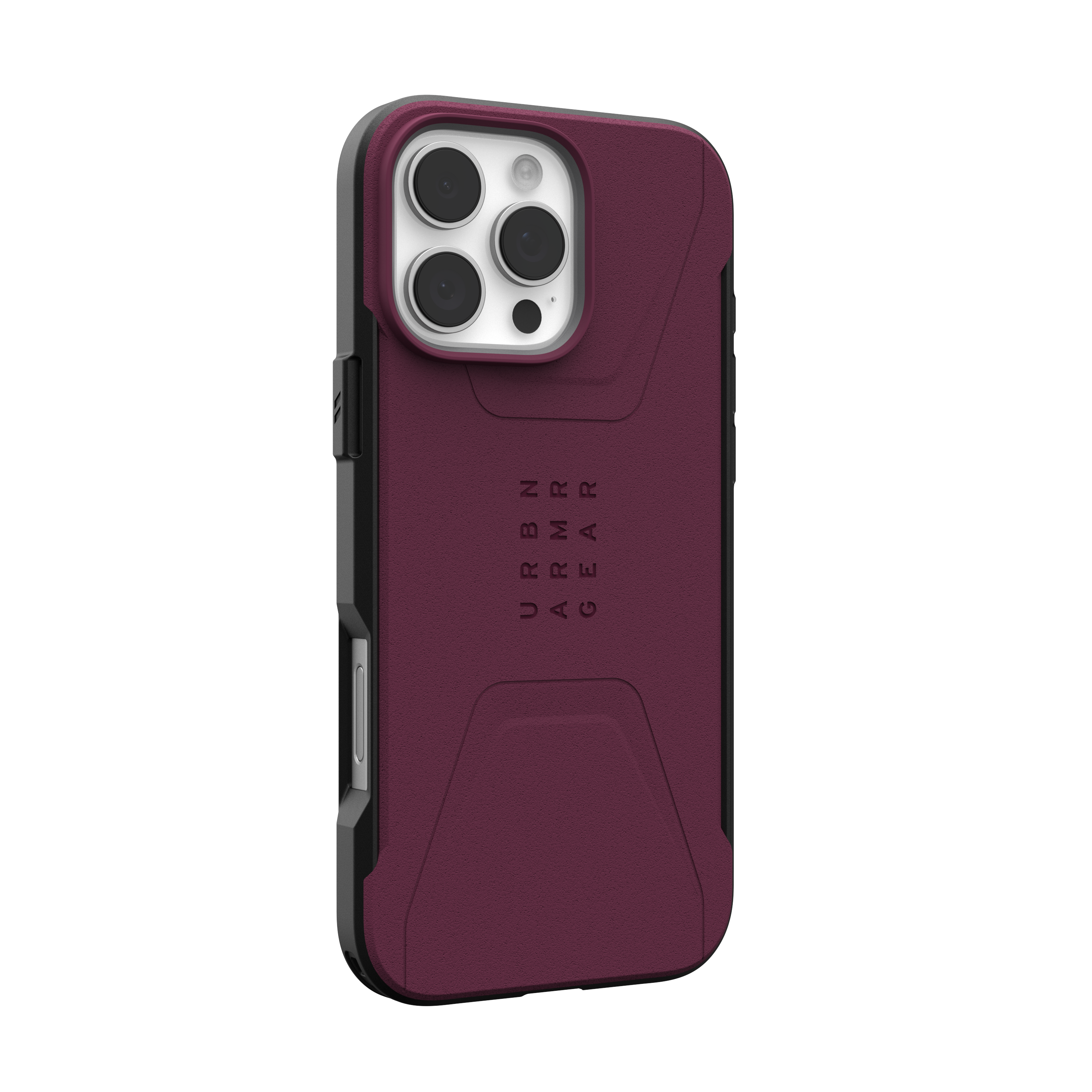 Bordeaux telefoonhoesje met zwarte randen, zichtbare cameralenzen en merknaam.