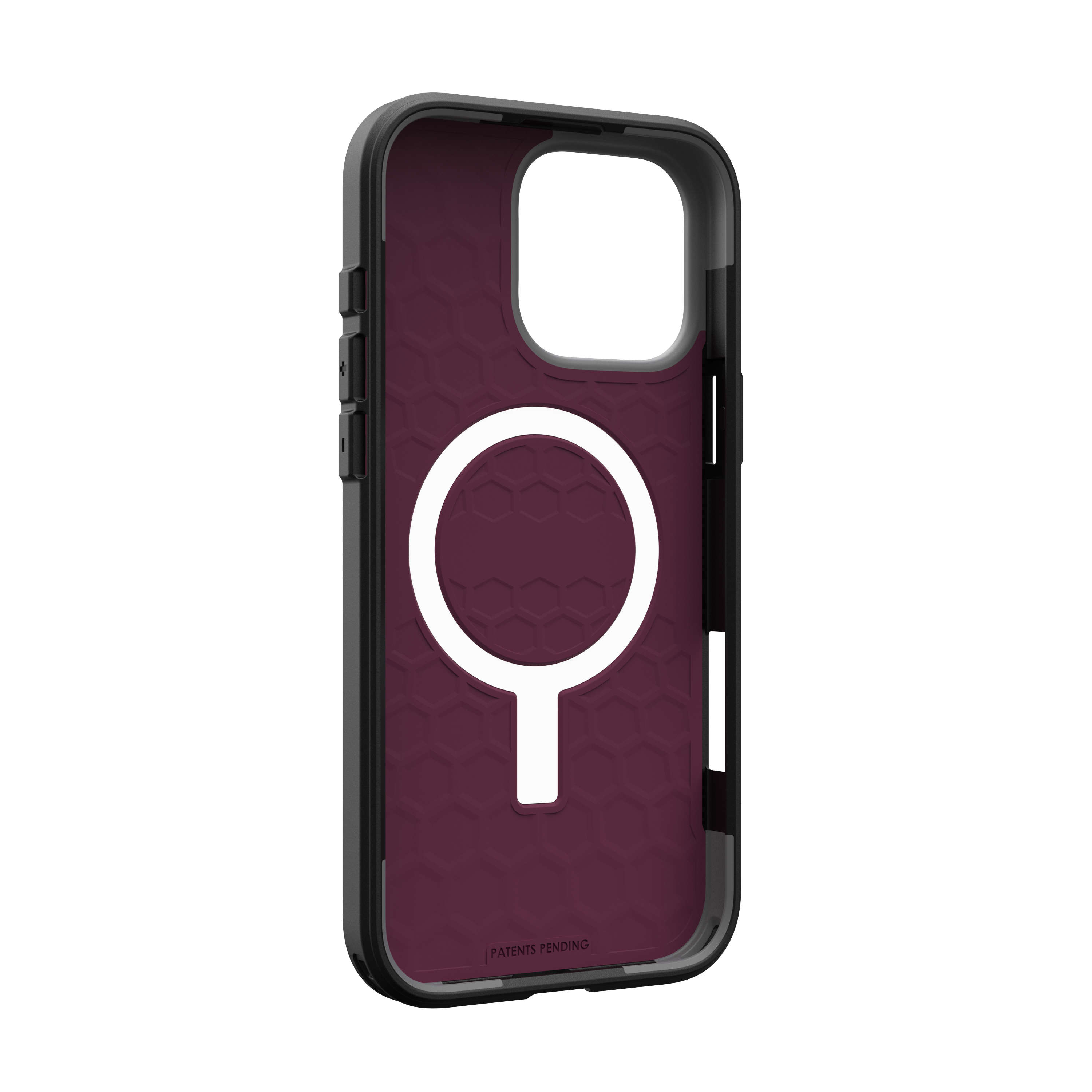 Een iPhone-hoesje met een bordeauxrode binnenkant en een wit cirkelvormig MagSafe-ontwerp. De hoes is zwart.