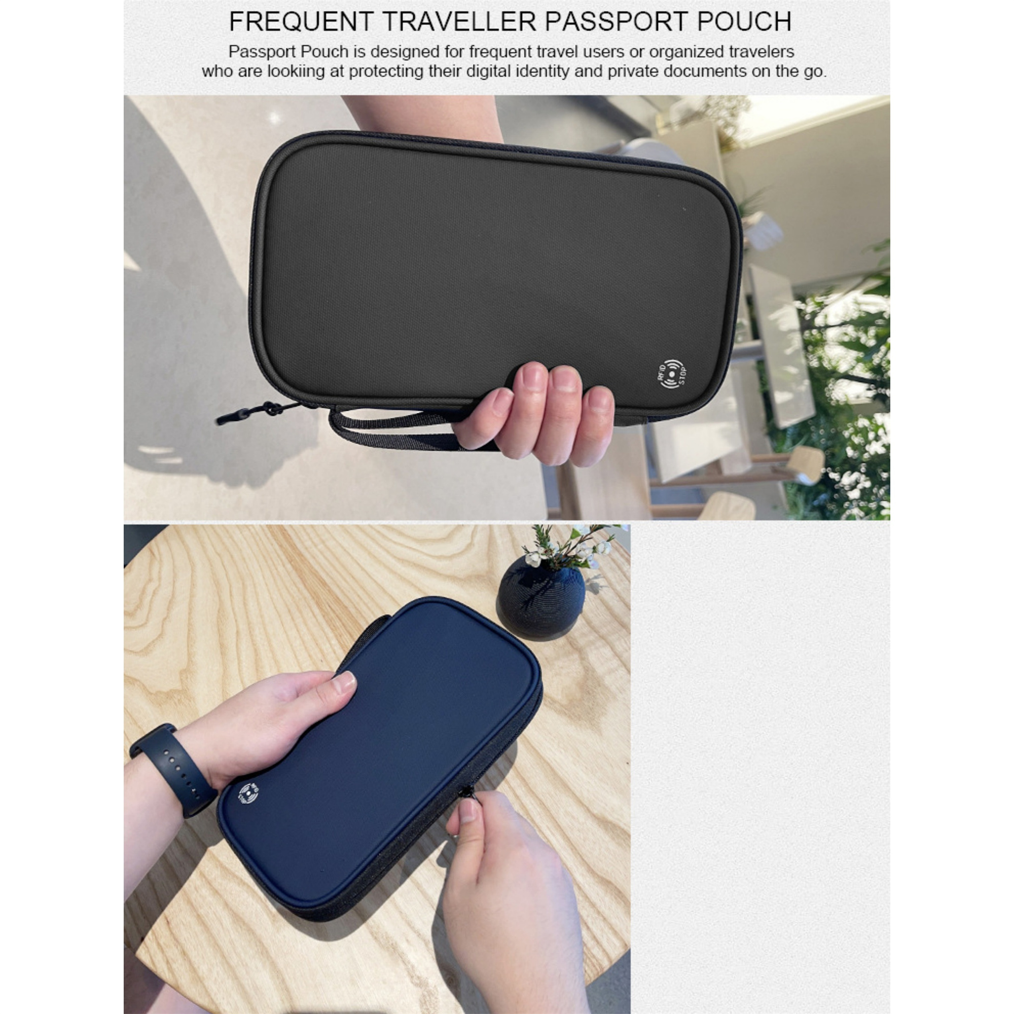 Schwarze Reisetasche, von Händen gehalten. Text: Frequent Traveler Passport Pouch.
