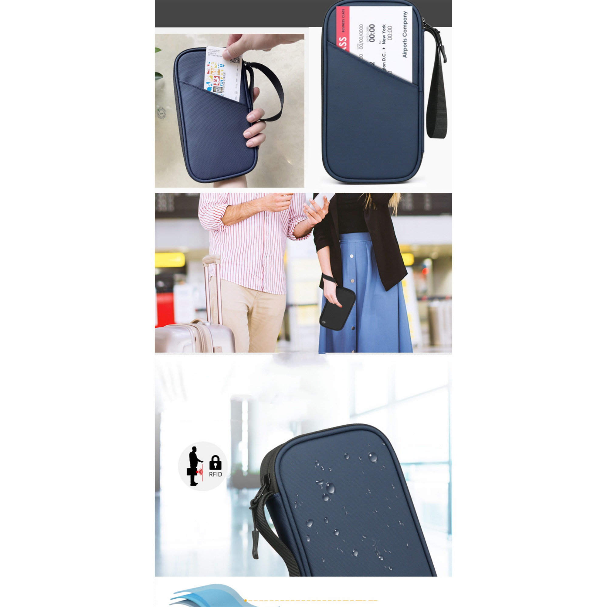 Blaues Reiseportemonnaie. Karten in Taschen und eine Person, die es hochhält.