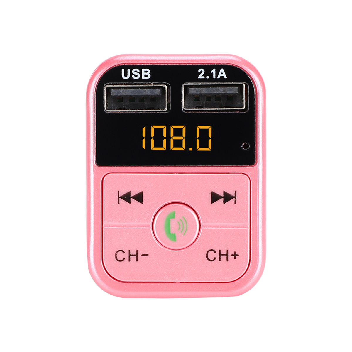 Rosa Autoradio mit USB-Anschlüssen, Bildschirm mit 108.0 und Knöpfen.