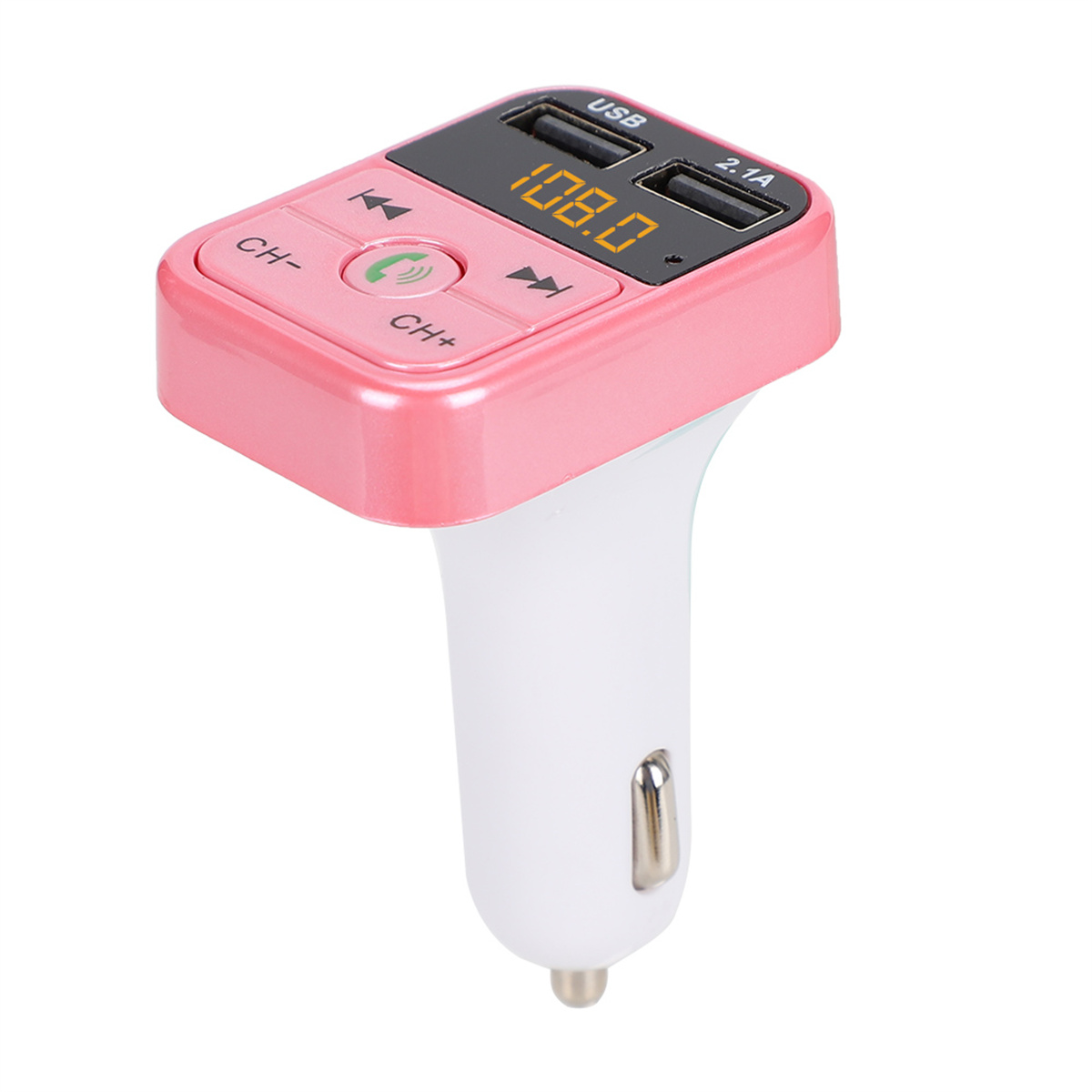 Rosa Autoladegerät mit USB-Anschlüssen und Bildschirm. Zeigt 108.0 an. Text: CH-, CH+, USB, und 2.1A.