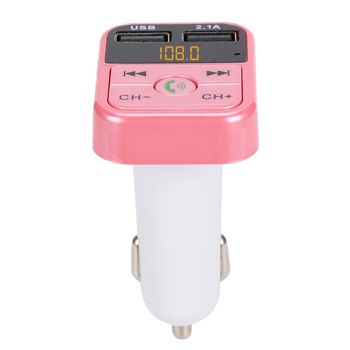 Pinkfarbenes Autoladegerät mit USB-Anschlüssen, Digitalanzeige mit 108.0 und Bedientasten.