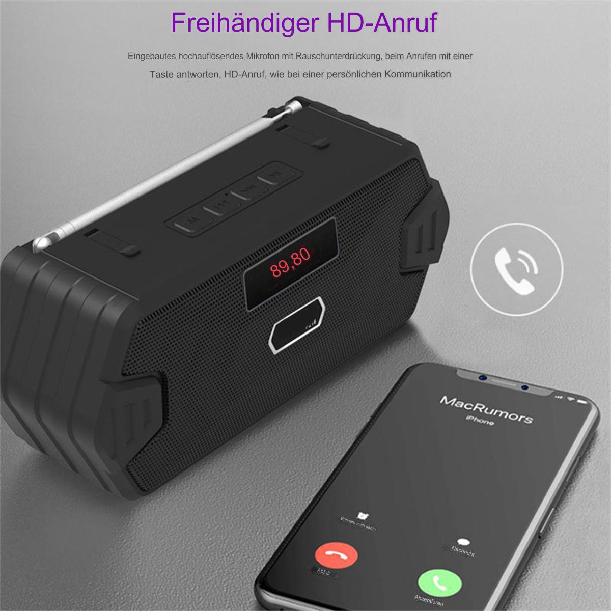 Ein schwarzer Lautsprecher mit einem Telefon, das einen Anruf anzeigt. Der Text oben lautet 'Freihändiger HD-Anruf'.